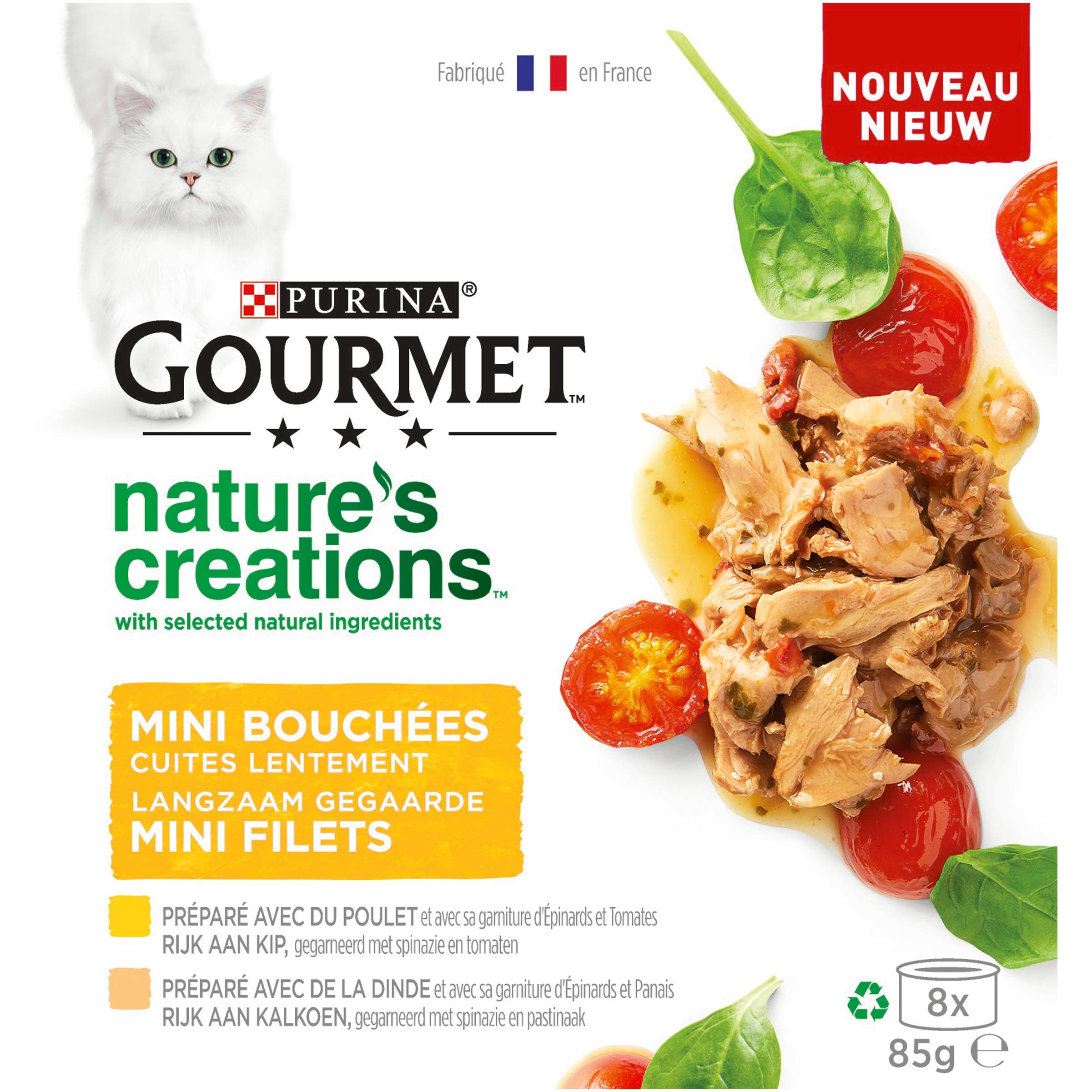 Gourmet | Nature's Creations | Gato Adulto | Mini Bocados con Ingredientes Naturales seleccionados | Carne: Pollo, Pavo | Paquete de 12 (8 x 85g)