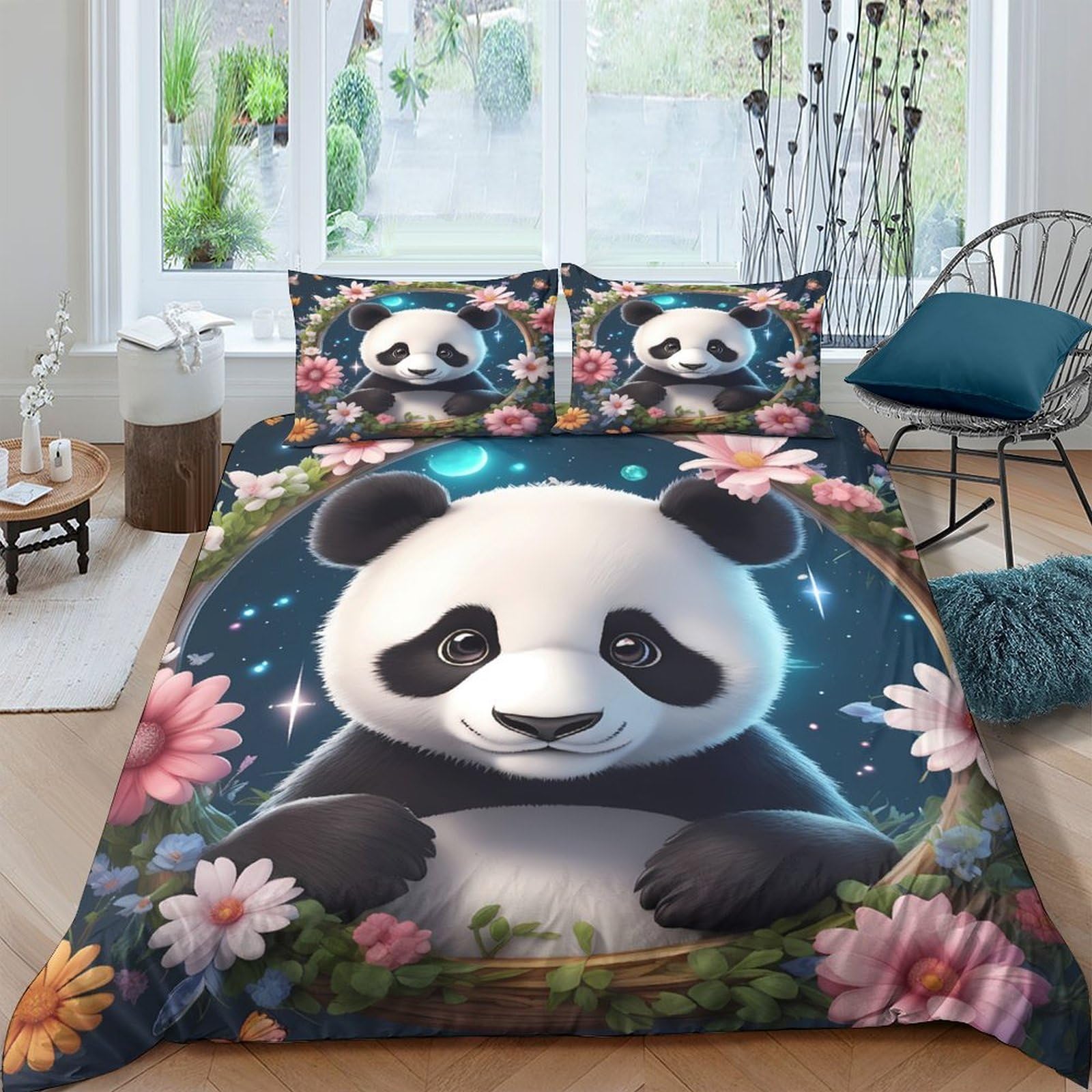 XFKLYNVCJ 3D Printed Cute panda Duvet Cover Microfiber Cartoon floral frame Bedding Cover Lightweight Easy Care for Housewarming Gift New Home Bedroom Use Single（140x200cm）