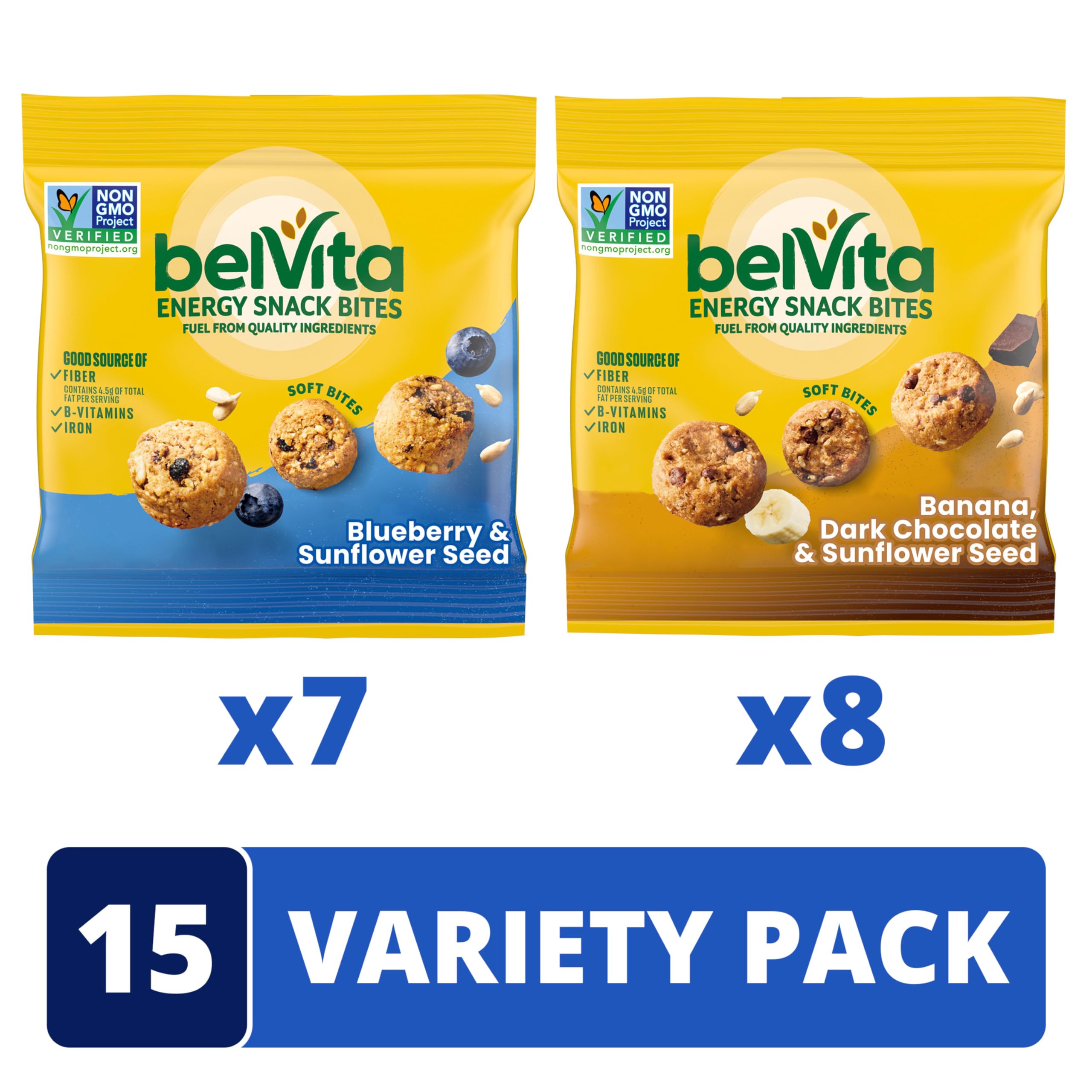 belVita Energy Snack Lot de 15 paquets de collations variées, banane chocolat noir et graines de tournesol, myrtille et graines de tournesol