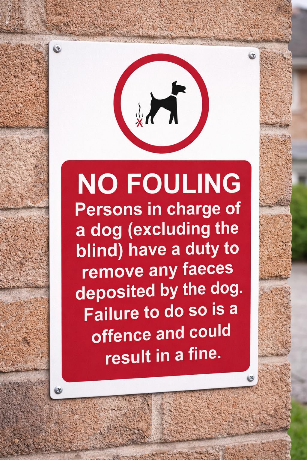 No fouling persons in charge of a dog (excluding the blind) have a duty to remove any faeces deposited by the dog sign - 1mm Plastic sign (600mm x 400mm)