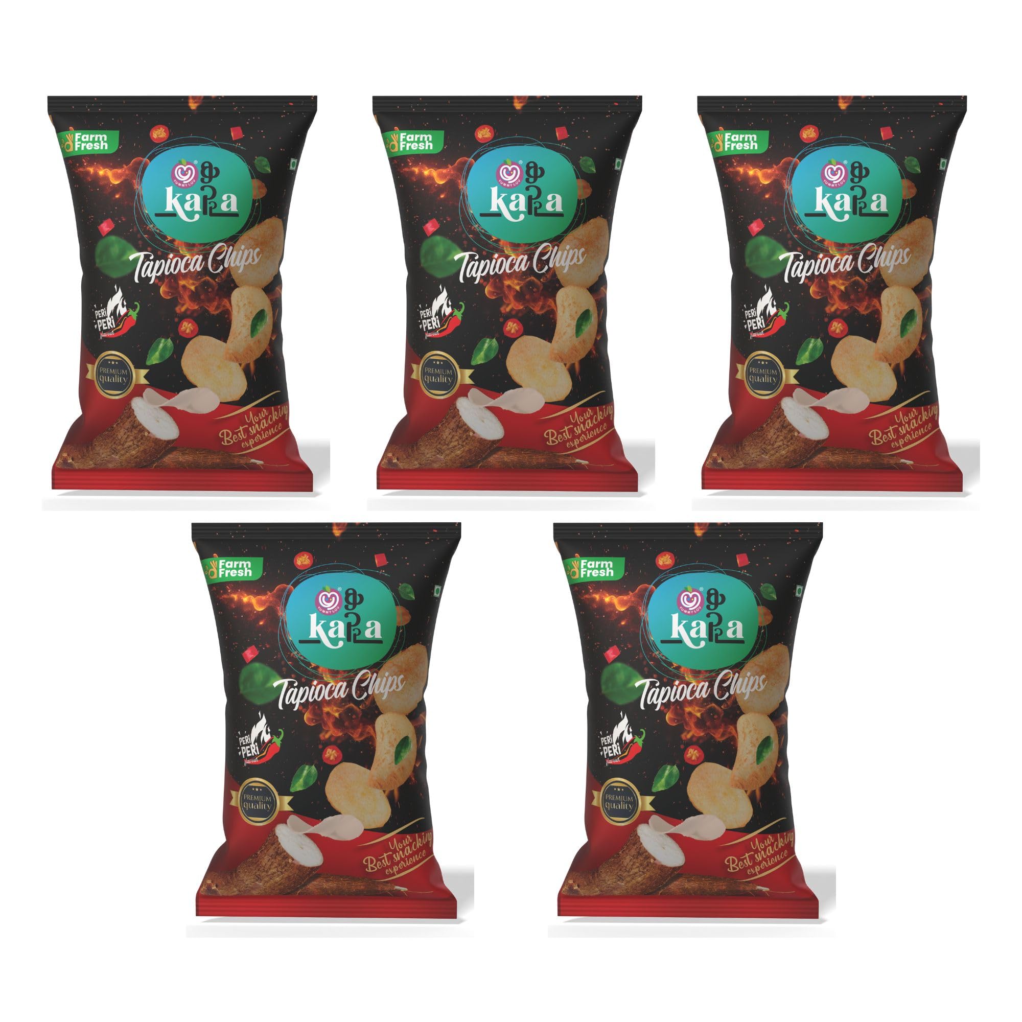 Ready-to-Eat Premium Kerala Tapioca (Kappa/Cassava) Chips – Peri Peri Flavour | No Palm Oil | Fresh & Crispy Snack | Pack of 5