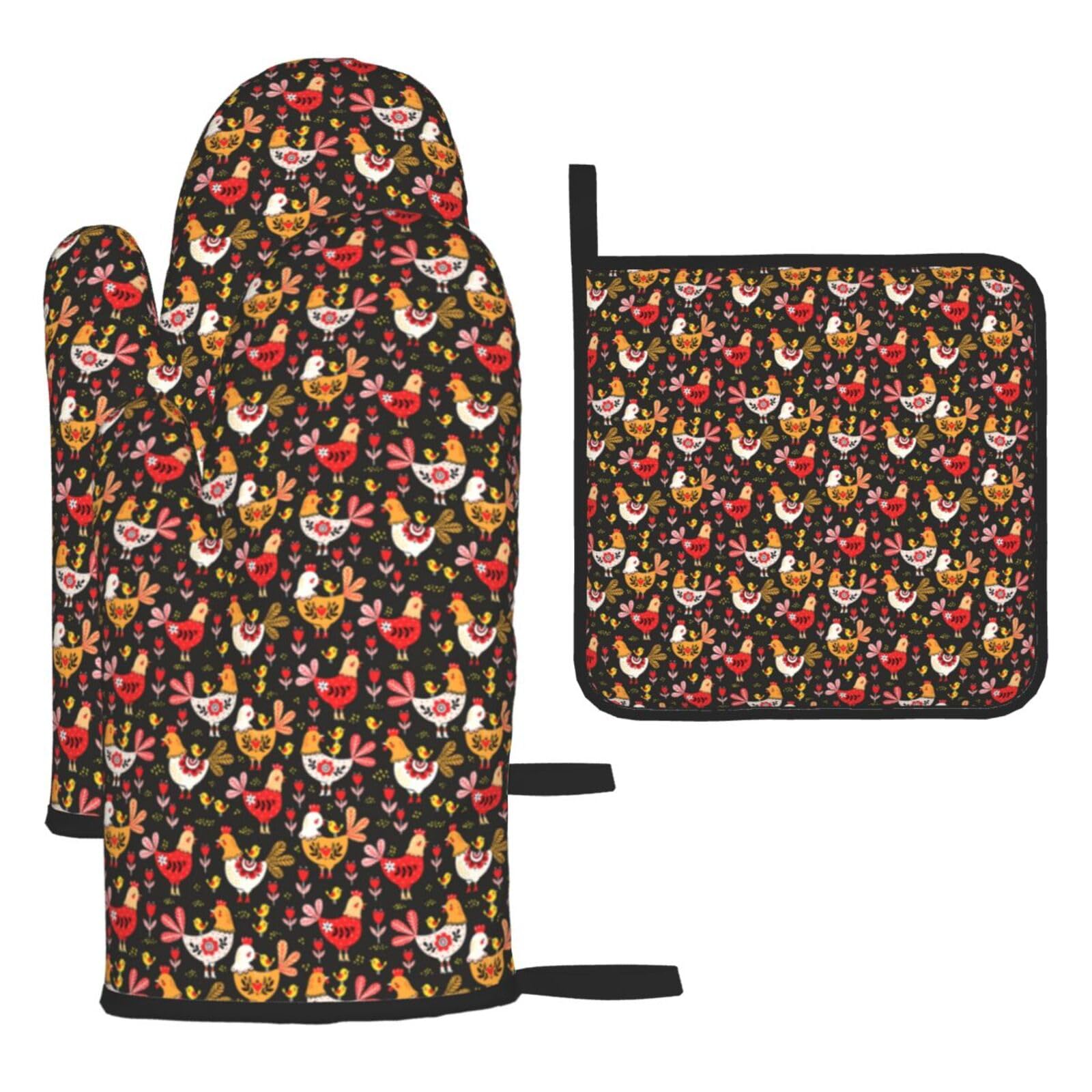 Cute Rooster Chickens Print Oven Set Kitchen Gloves Baking Grilling Microwaving Cooking Gift Everyday Holiday