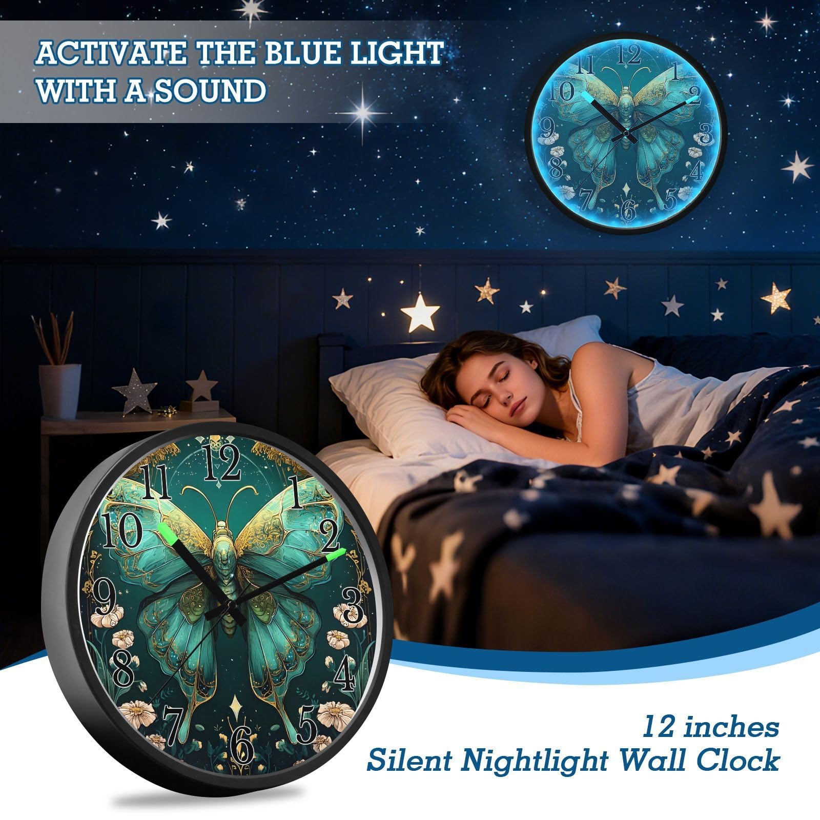 Mnsruu Reloj de pared luminoso con diseño de luna, polilla, flores, bosque verde, reloj de pared que brilla en la oscuridad, funciona con pilas, silencioso, sin tictac, luz nocturna para dormitorio