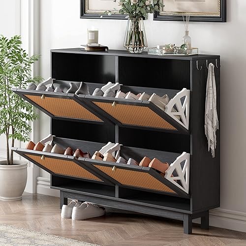 Vista 13 de Zapatero moderno con 4 cajones abatibles, organizador multifuncional de almacenamiento de zapatos de 2 niveles con cajones, zapatero independiente