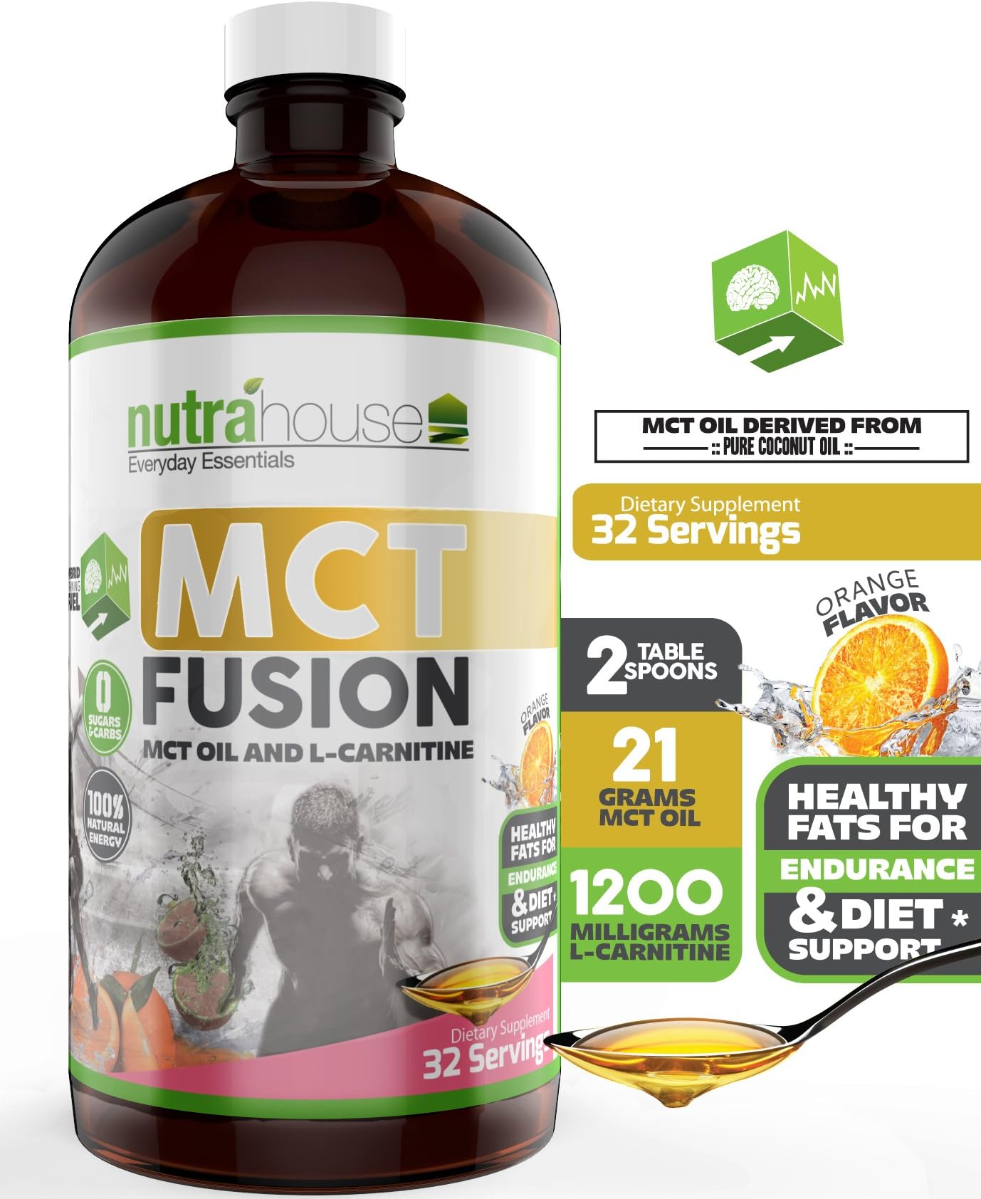 MCT Oil with L-Carnitine, Vitamin B5, Vitamin B12, Emulsified Orange Flavor. MCT Fusion 32 Servings. Emulsified Medium Chain Triglycerides