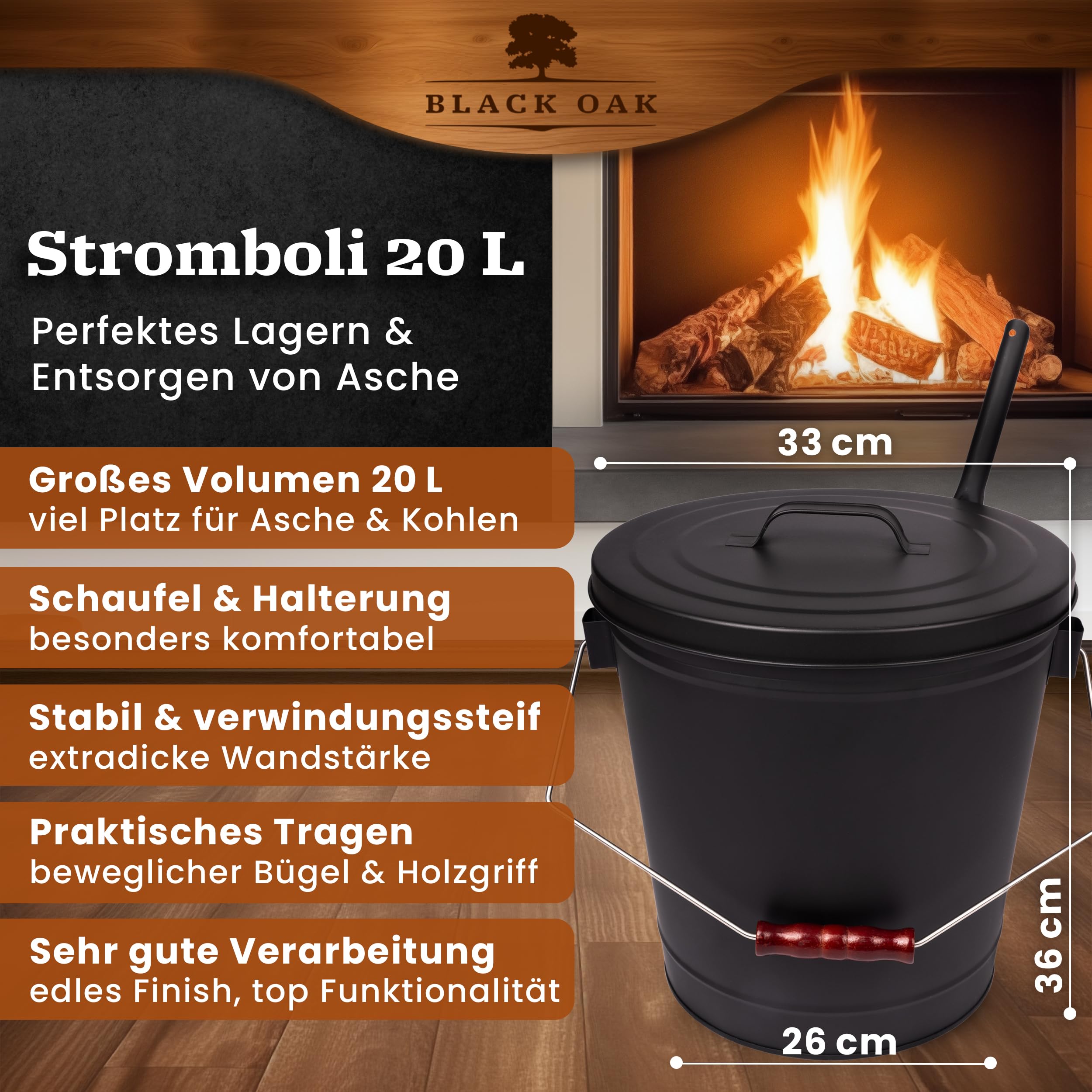 BLACK OAK Stromboli - Secchio per cenere da 20 l, nero con coperchio e pala, manico argento, grande, 20 litri, in acciaio zincato e verniciato a polvere, per cenere e carbone, accessori per camino