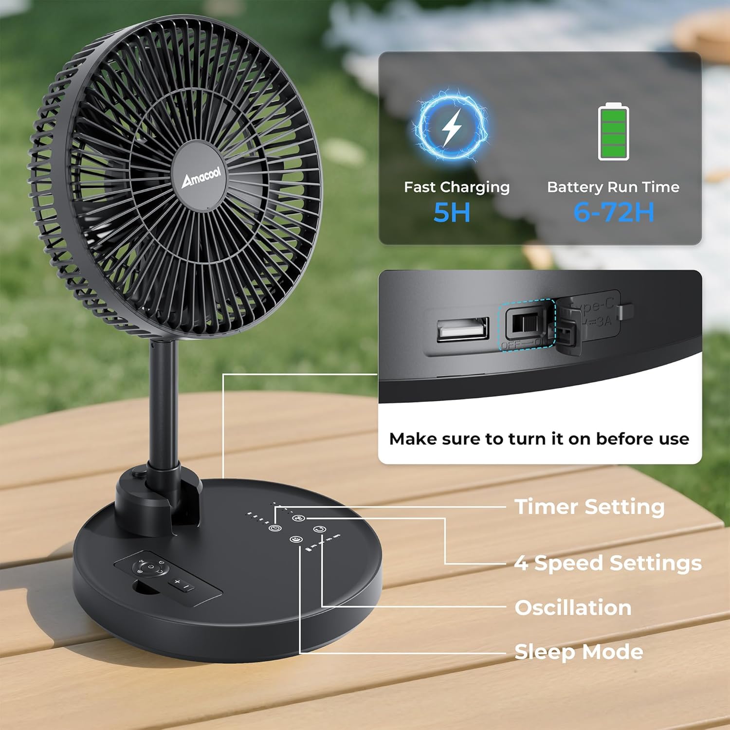 AMACOOL 10'' Foldable Oscillating Fan, 20000mAh Battery Operated with Remote & Timer, Height Adjustable Portable Standing Fan, Quiet USB Output for Camping RV Picnic Home Office Outdoor - Image 6