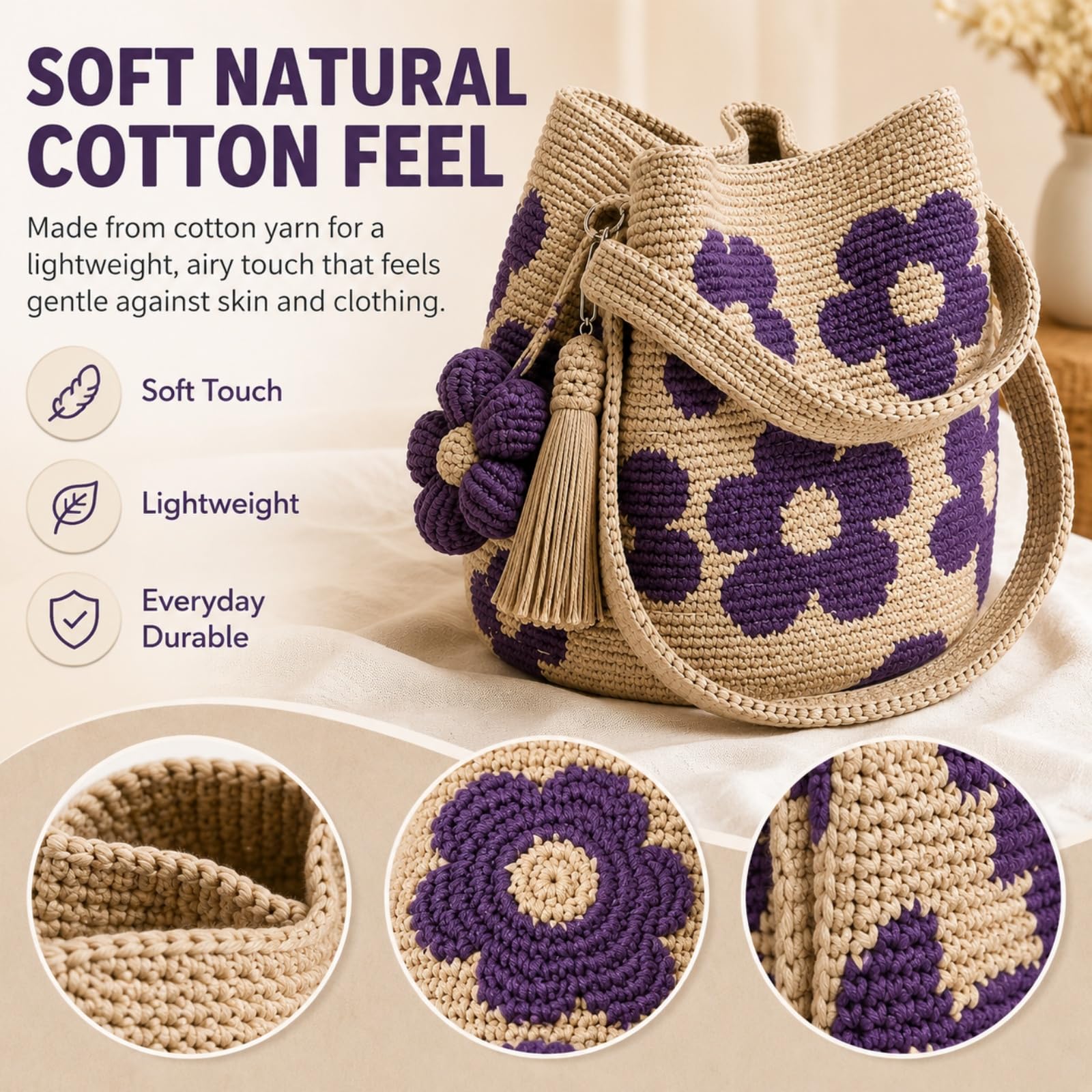 Handmade Crochet Flower Tote Bag, Boho Knit Floral Purse Bag Gifts, 2026 Summer Crochet Purses for Women Vacation