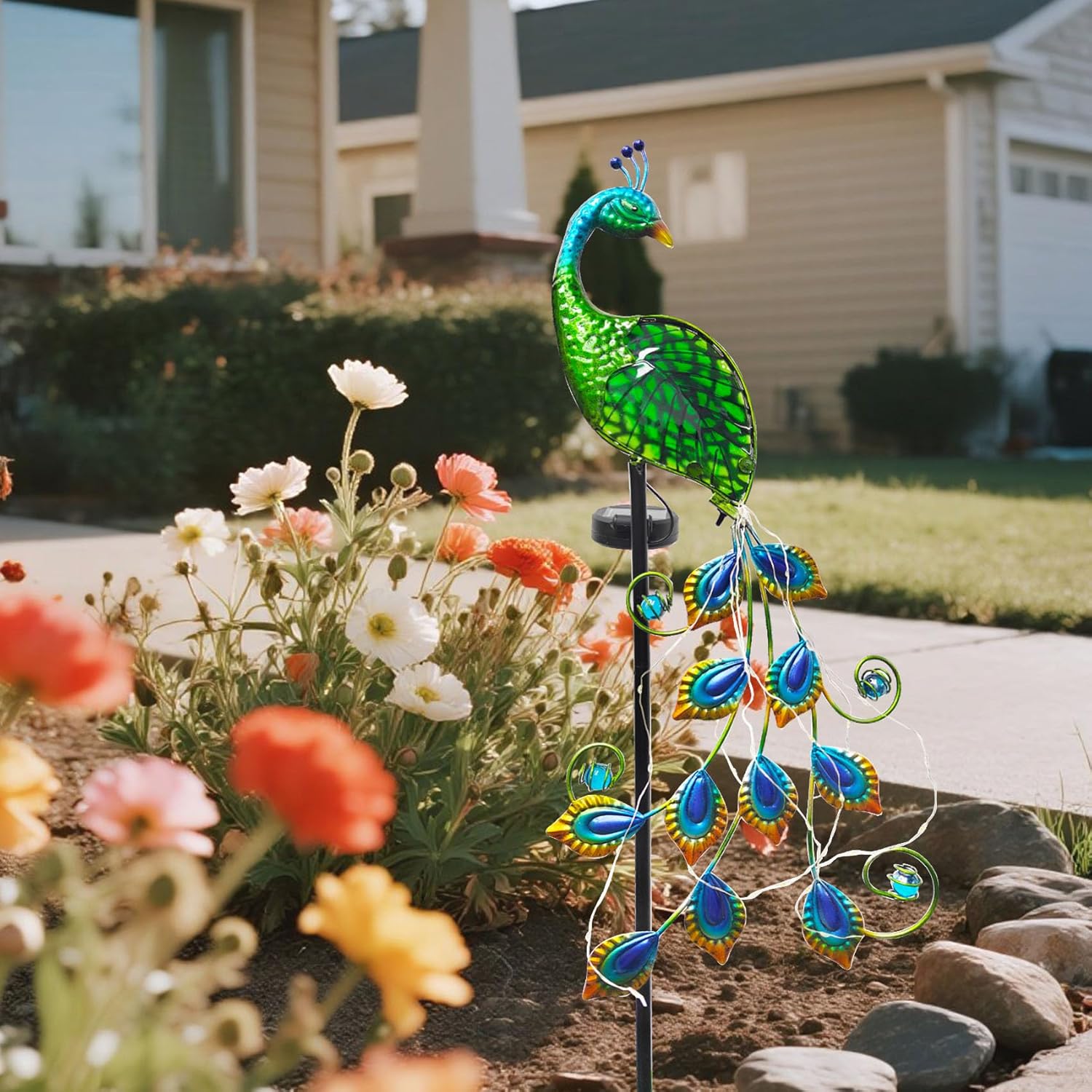 Solar Peacock Garden Stake Lights Outdoor, Waterproof Metal Glass Decorative Landscape Path Lights with Thick Stake Glow in The Dark Eye for Pathway Patio Lawn Yard