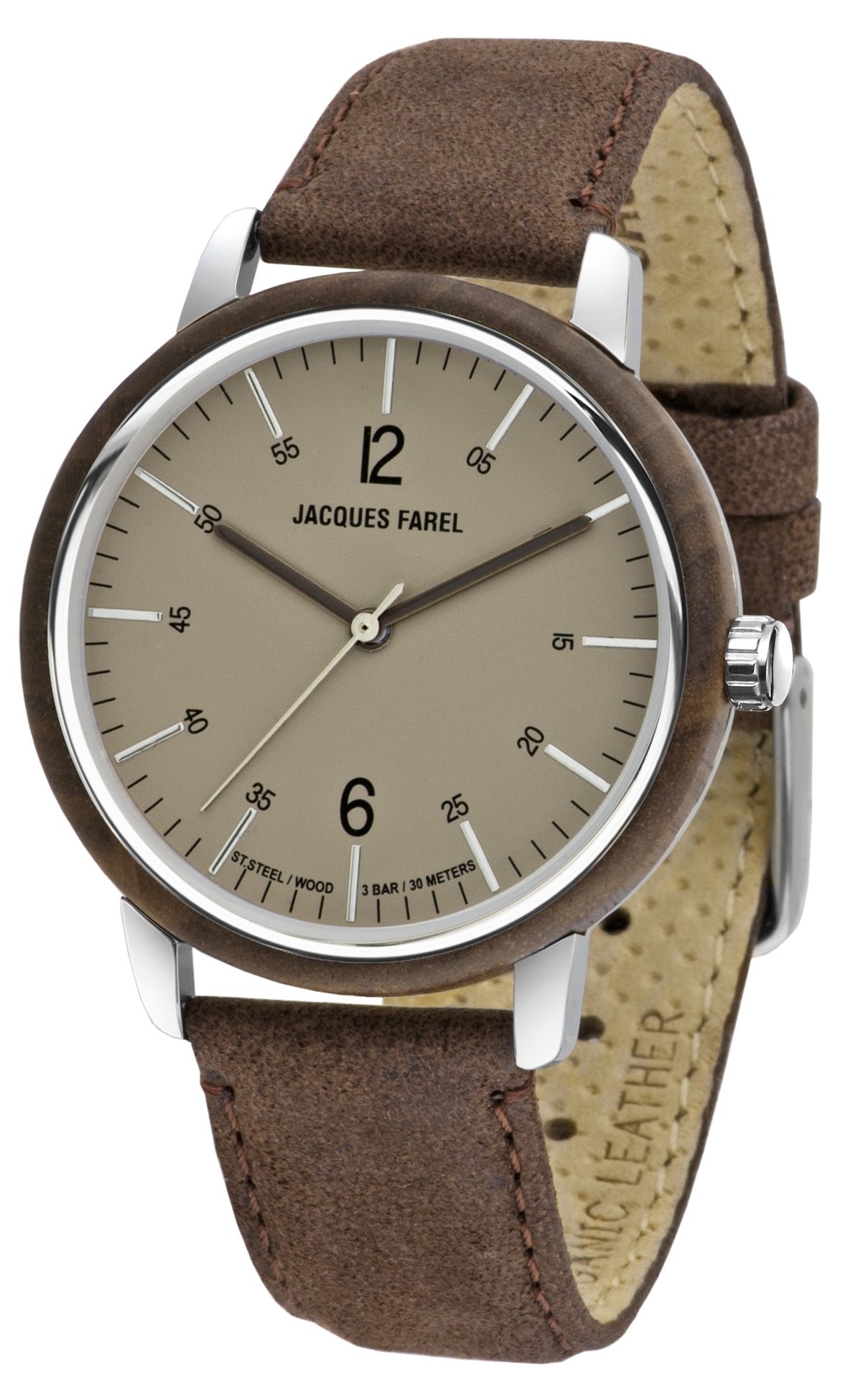 Jacques FAREL Hayfield Nachhaltige Damen Holz-Armbanduhr Walnuss Öko-Leder Terra-Braun Analog Quarz Stahl-Gehäuse 3 Bar ORW 1002