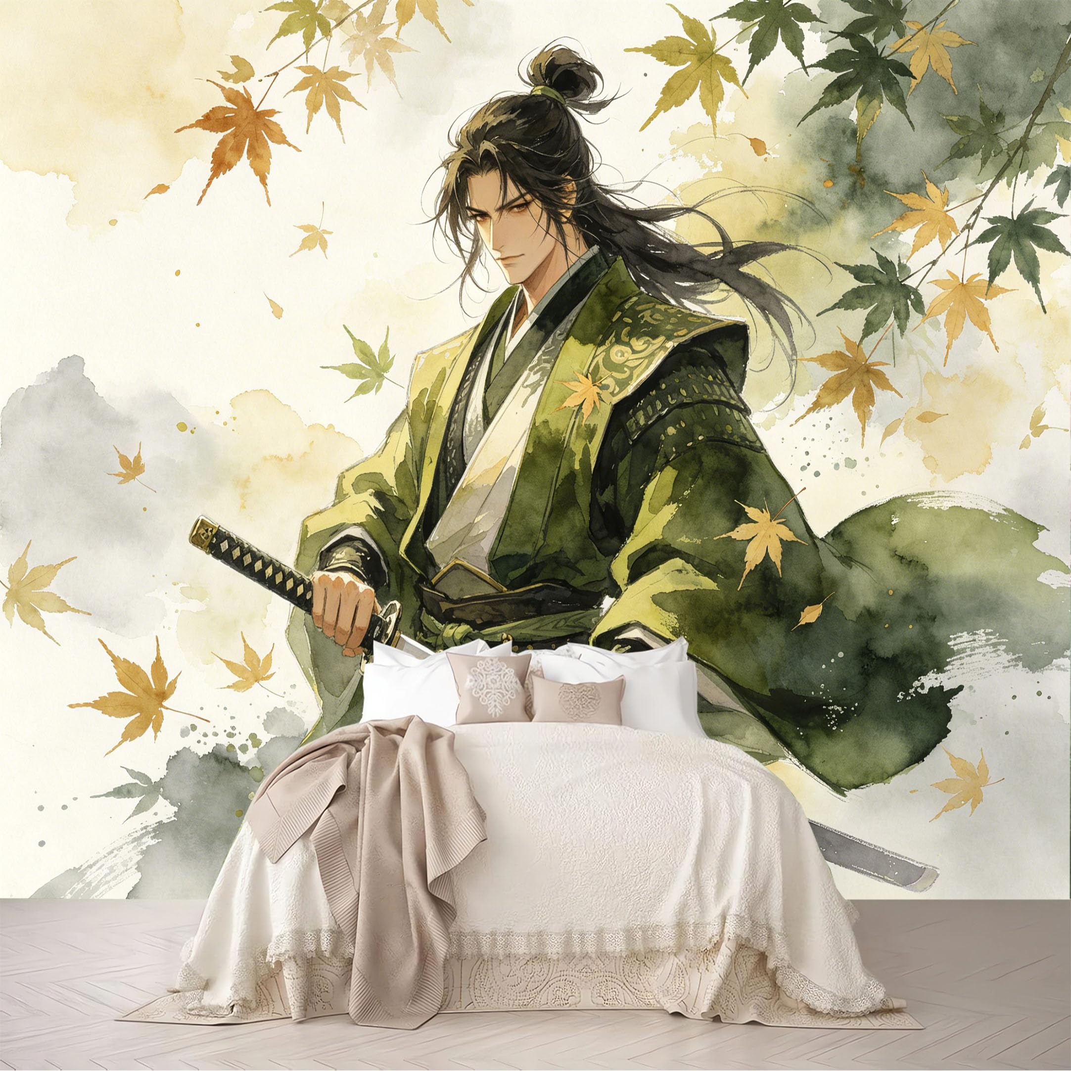 Custom Size Wall Mural Green Samurai Katana Maple Leaf Watercolor Portrait Removable Self Adhesive Peel and Stick Wallpaper for Bedroom Living Room Dining Room