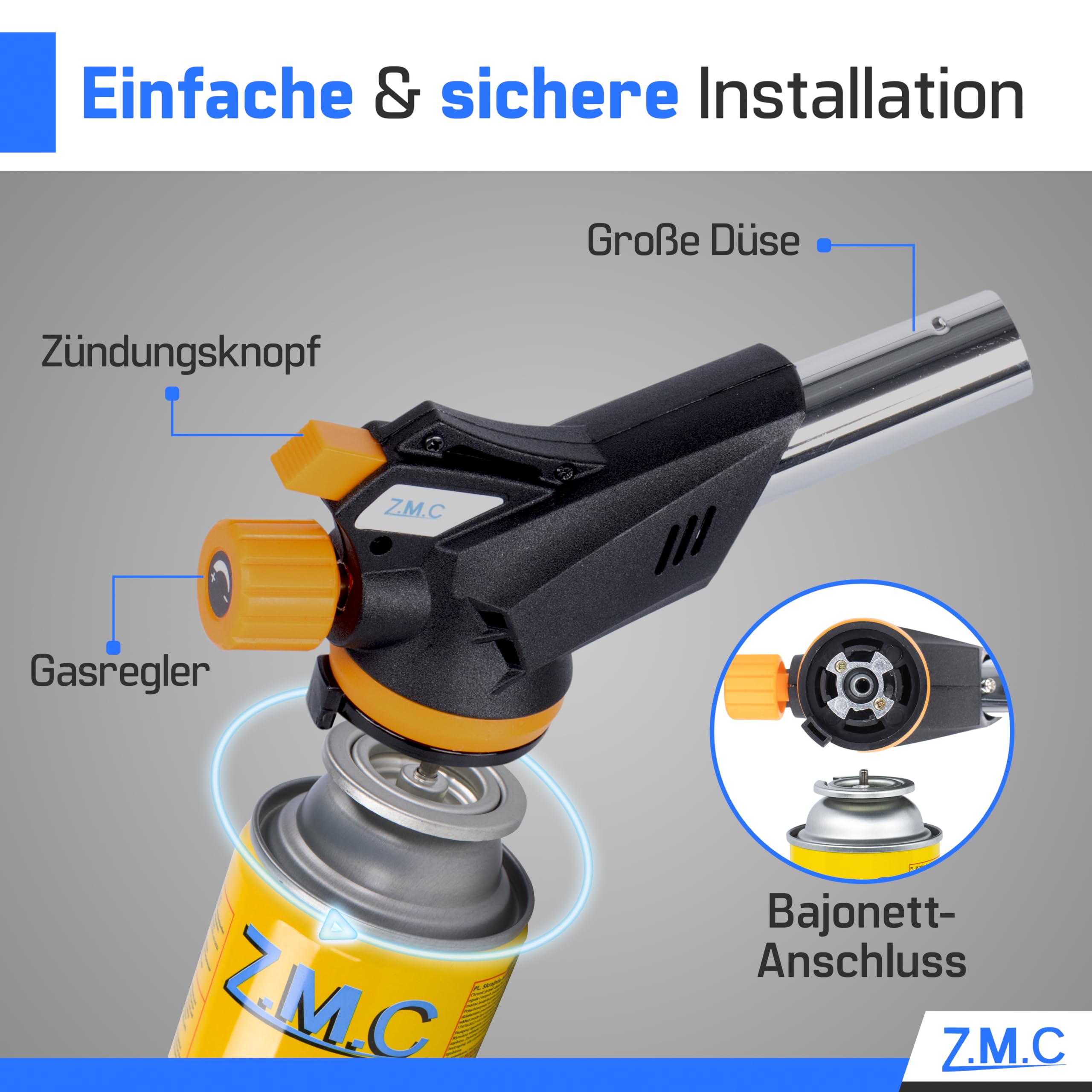 Z.M.C Bruciatore a gas 1,3kW + 12 cartucce gas 227g, bruciatore per fiamma, temperatura fino a 1300°C, becco Bunsen, torcia saldatrice con accensione piezoelettrica, bruciatore da cucina con fiamma