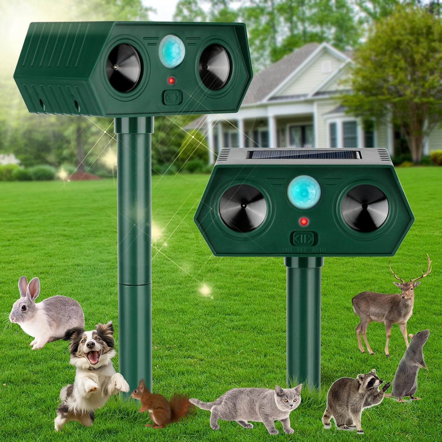 2pcs Cat Repellent,Solar Powered Ultrasonic Fox Deterrent with Motion Detection,Cat Scarer Waterproof,with Motion Detection,Animal Repellent Effective for Squirrels Foxes Birds Pigeons