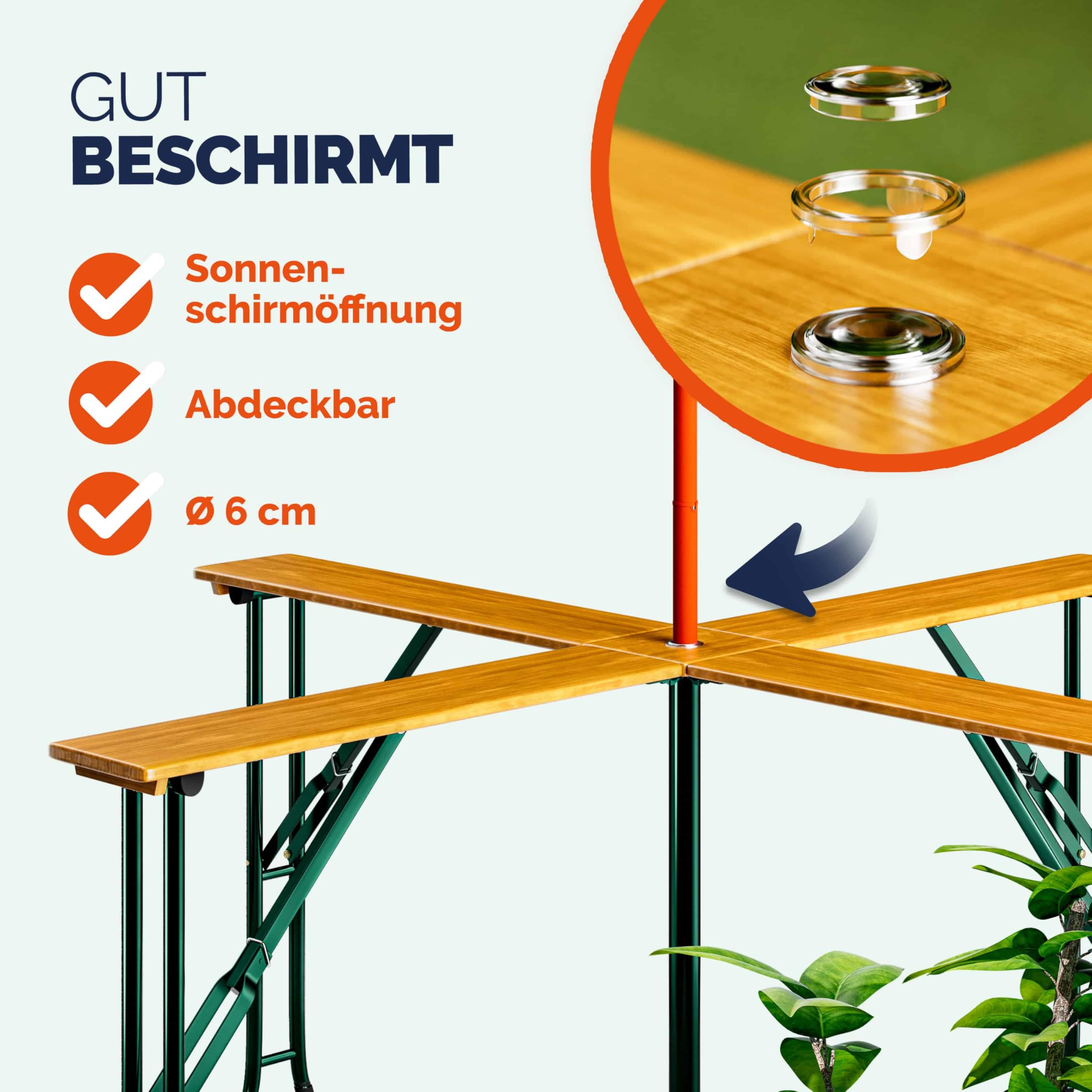 Deuba Tavolo Quattro XXL Alto Set Birreria 20 Persone con Supporto Ombrellone Pieghevole Legno Fiere