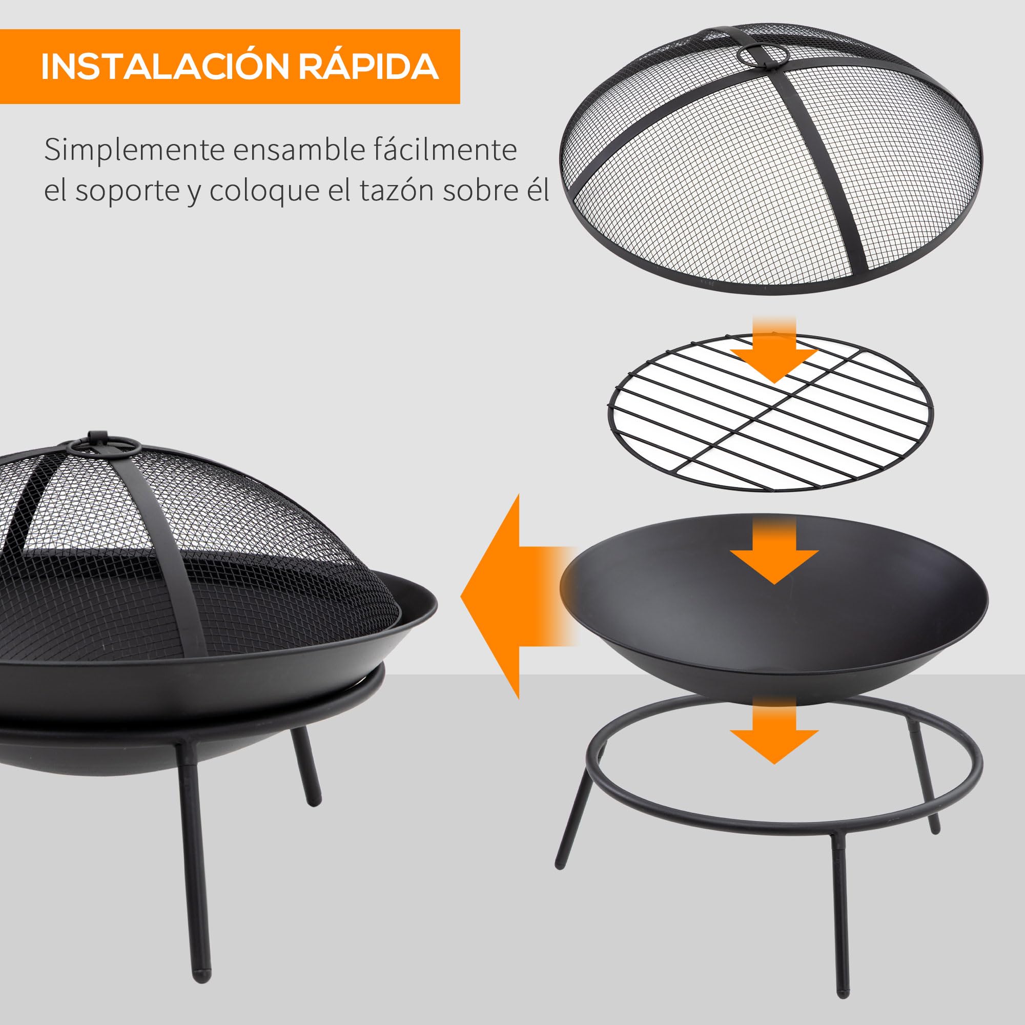 Outsunny Brasero Exterior para Jardín Pozo de Fuego de Metal con Protector de Chispas y Atizador para Hogueras Terraza Camping al Aire Libre Ø47x33 cm Negro