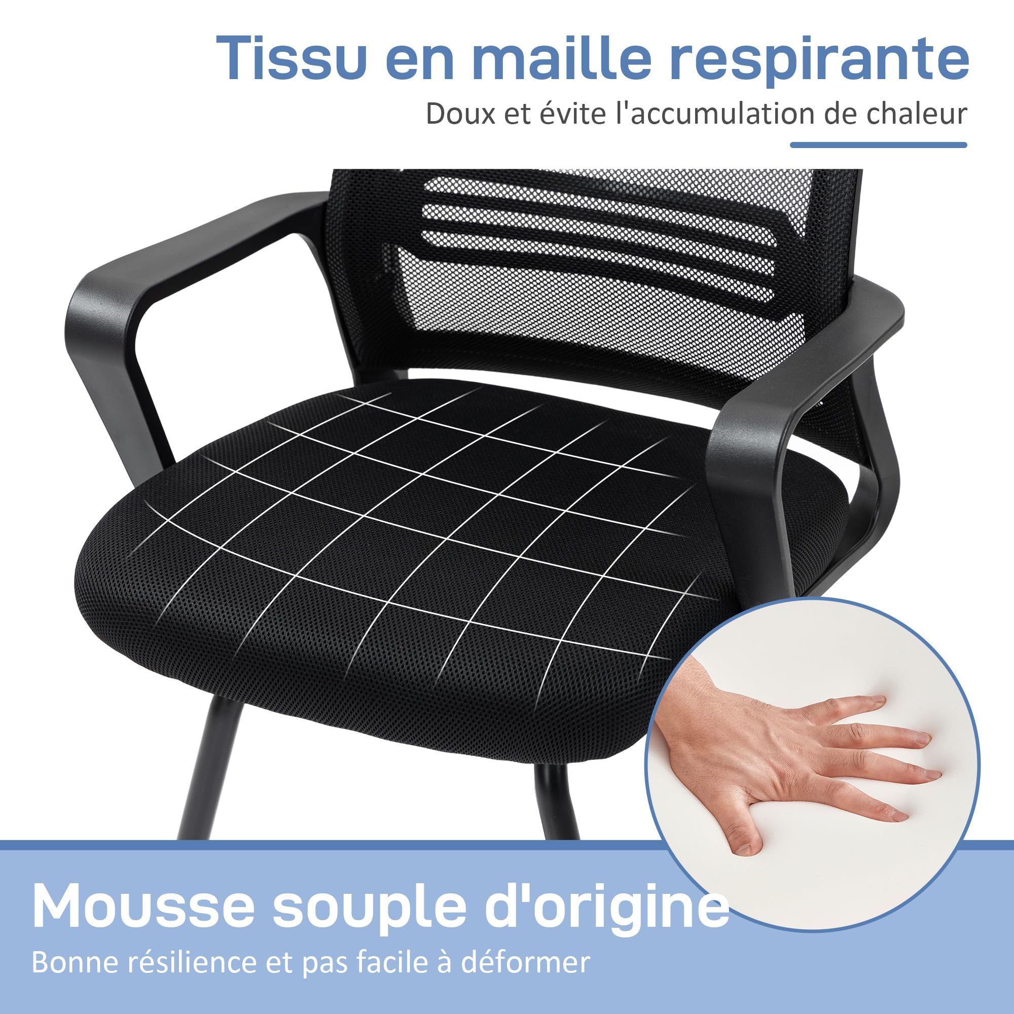 HOMCOM Sedia da ufficio a rete Sedia da ufficio senza rotelle, sedia ergonomica per riunioni con base a slitta, per sale conferenze, camere da letto, aree d'attesa, aree di ricevimento, nera