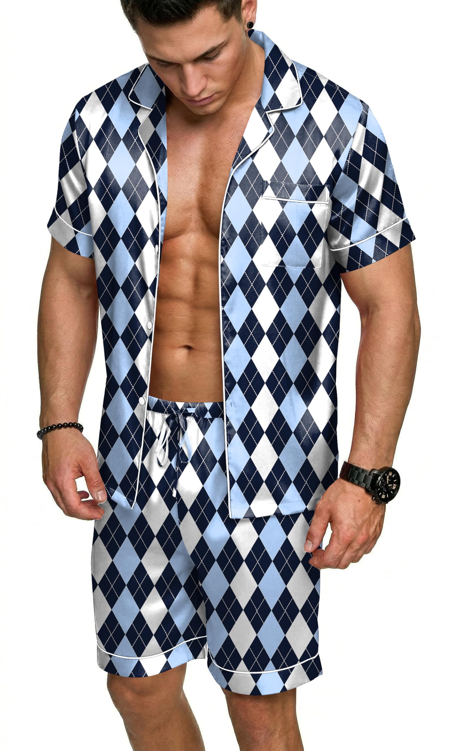 Ekouaer Mens Silk Satin Pajamas Set, Short Sleeve Sleepwear Lightweight Button Up Lounge Pjs Set with Pockets S-4XL — view 21