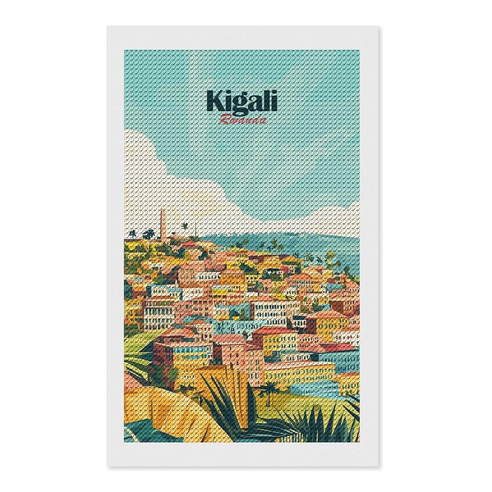 Junmoney Kigali Rwanda Cityscape Illustration DIY Diamond Art Canvas Kit 12"x20", for Adults, Decorate Your Room, Gift Idea, Modern Decor, Finish and Display