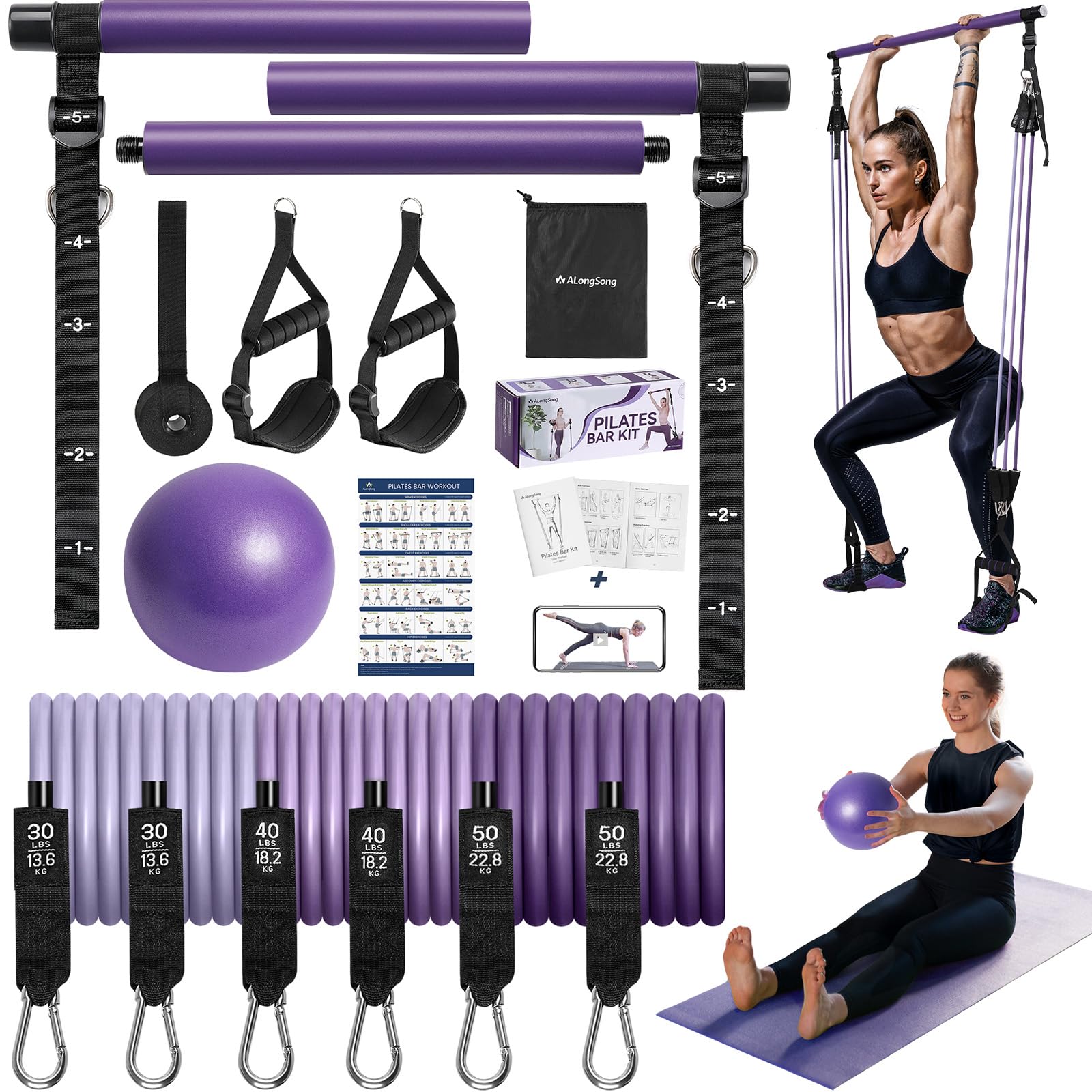 ALongSong Kit Pilates con 6 Elastico Pilates 180LBS o 240LBS o 360LBS, 2 Cinghie per Caviglie e 1 Ancoraggio per Porta, Kit di Allenamento a Casa, Adatto per Allenamenti su Tutto il Corpo