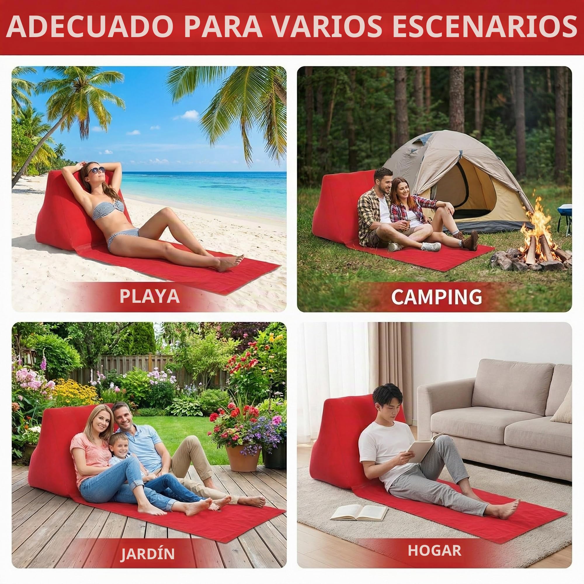 SOONHUA Tumbona inflable con cojín para la espalda, playa y camping, colchón plegable, resistente al agua, rojo