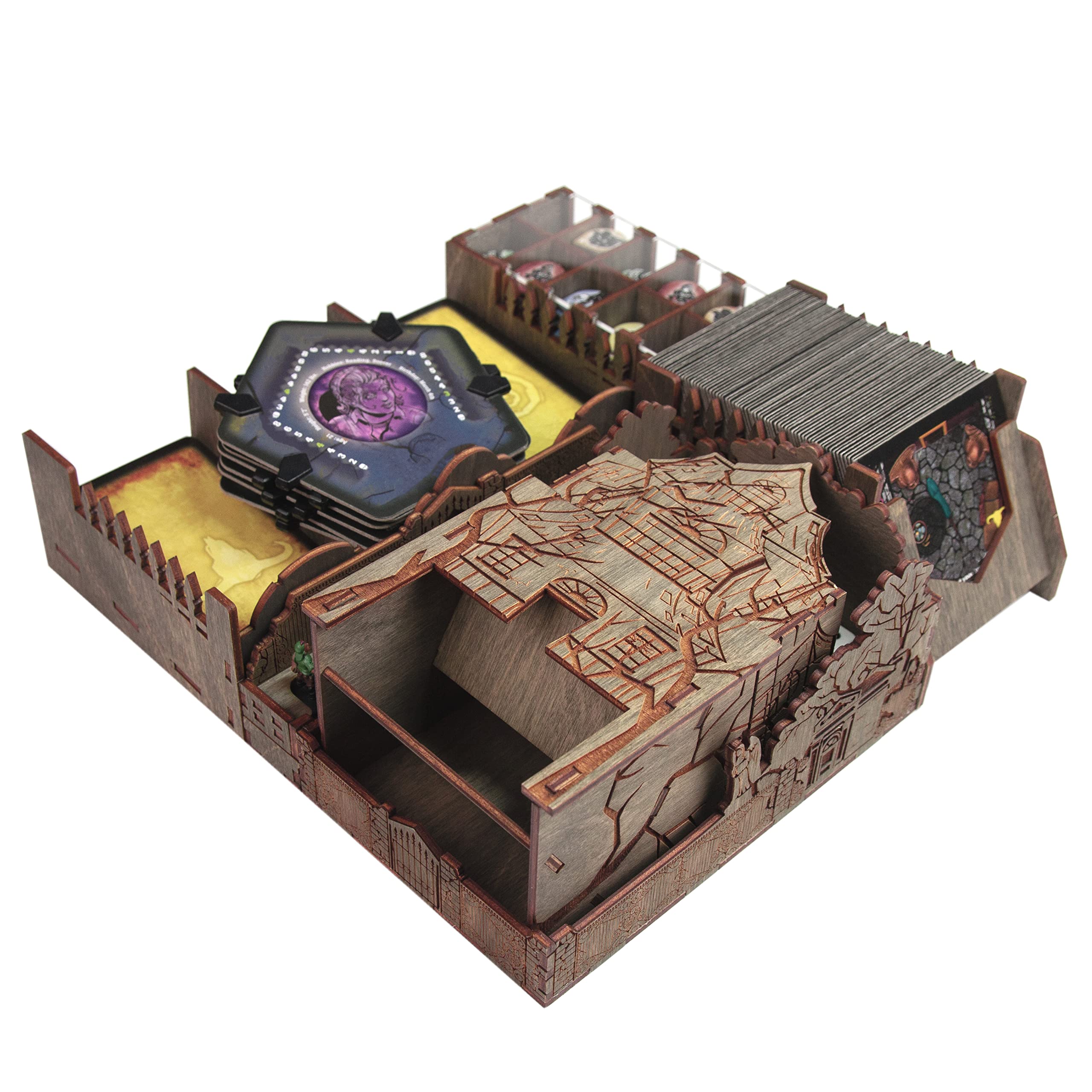 SMONEX Wooden Organizer Compatible with Betrayal at House on The Hill - Storage Organizer with Engraved Design and Amazing Dice Tower - Ideal as Board Game Accessories or Gifts for Board Games Fans