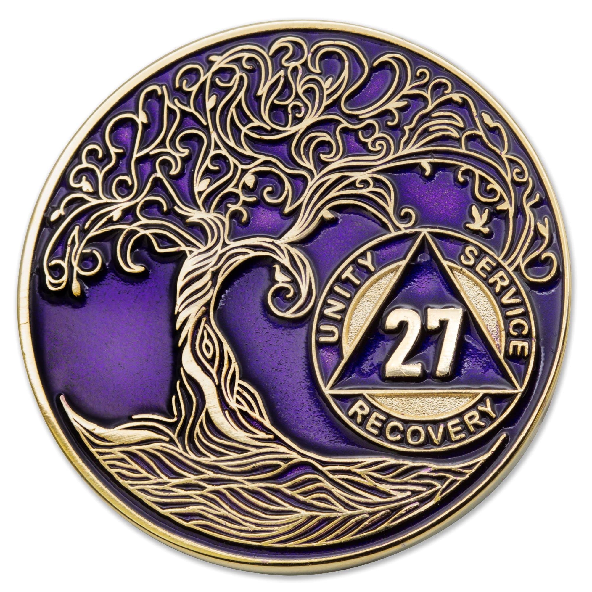 1 to 50 Year Twisted Tree of Life Sobriety Coin - Gold Plated AA Chips &amp; Medallions - 27 Year Sobriety Coin - Purple