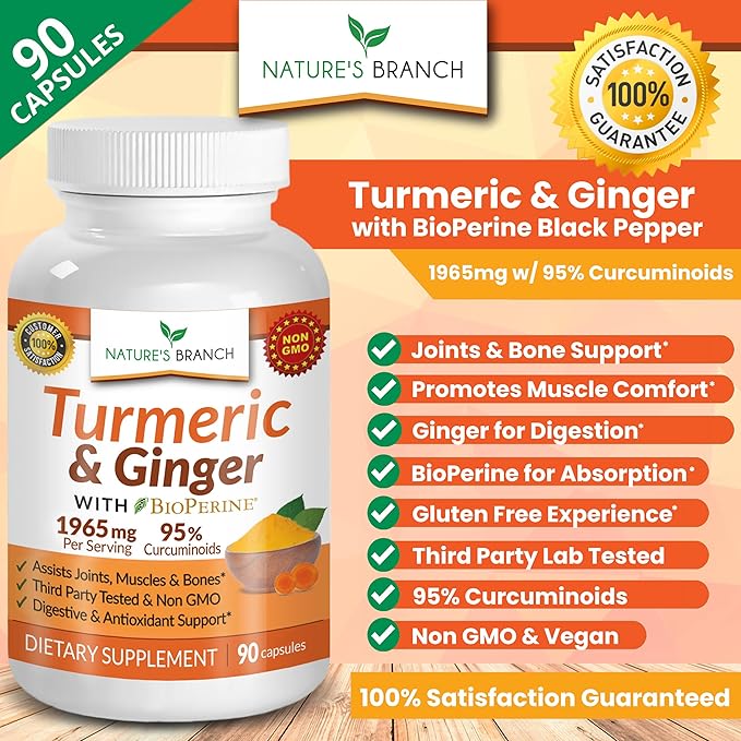 Turmeric and Ginger Supplement | Organic Powder & BioPerine 1965mg | Joint Support with Black Pepper Extract and Curcumin | Made in USA, Vegan, Non GMO Pills | Extra Strength 90 Capsules