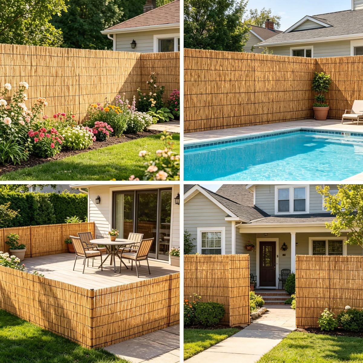 Canniccio di Bambù Pelato Naturale | Stuoia Arella per Recinzione Esterno Ombra Privacy | Cannette per Giardino Balcone Terrazza Piscina | Rotolo da Arelle Decorativo Recinzione(Marrone,H1.1 x L1.5m)