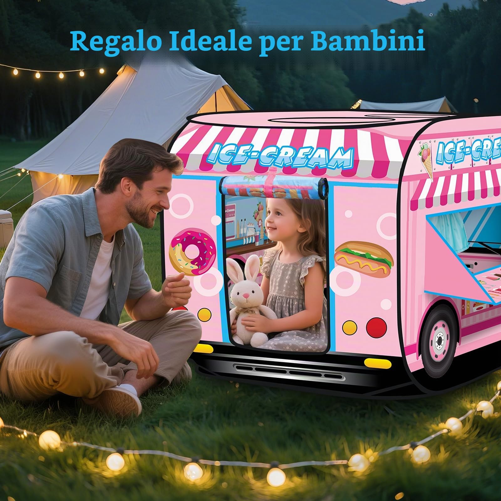 deAO Tenda da Gioco per Bambini Progettazione Pop-Up (Gelateria) | Montaggio Rapido, 2 Bambini, 3+ Anni, Interno/Esterno, Giardino/Casa, Finestre, Porta, Pieghevole, Leggera, Poliestere