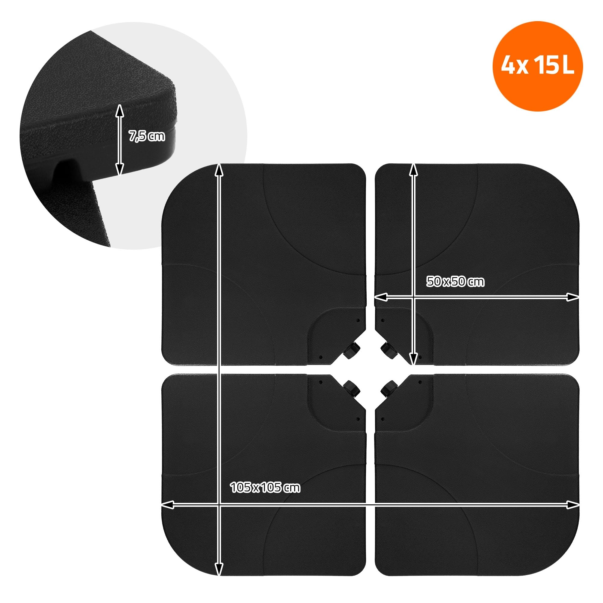 ML-Design Podstawa parasola 4 czesciowa zestaw obciazników do parasola ogrodowego 60L do 80kg do podstawy krzyzowej wypelnienie woda lub piaskiem odporna na warunki atmosferyczne metalowymi lacznikami