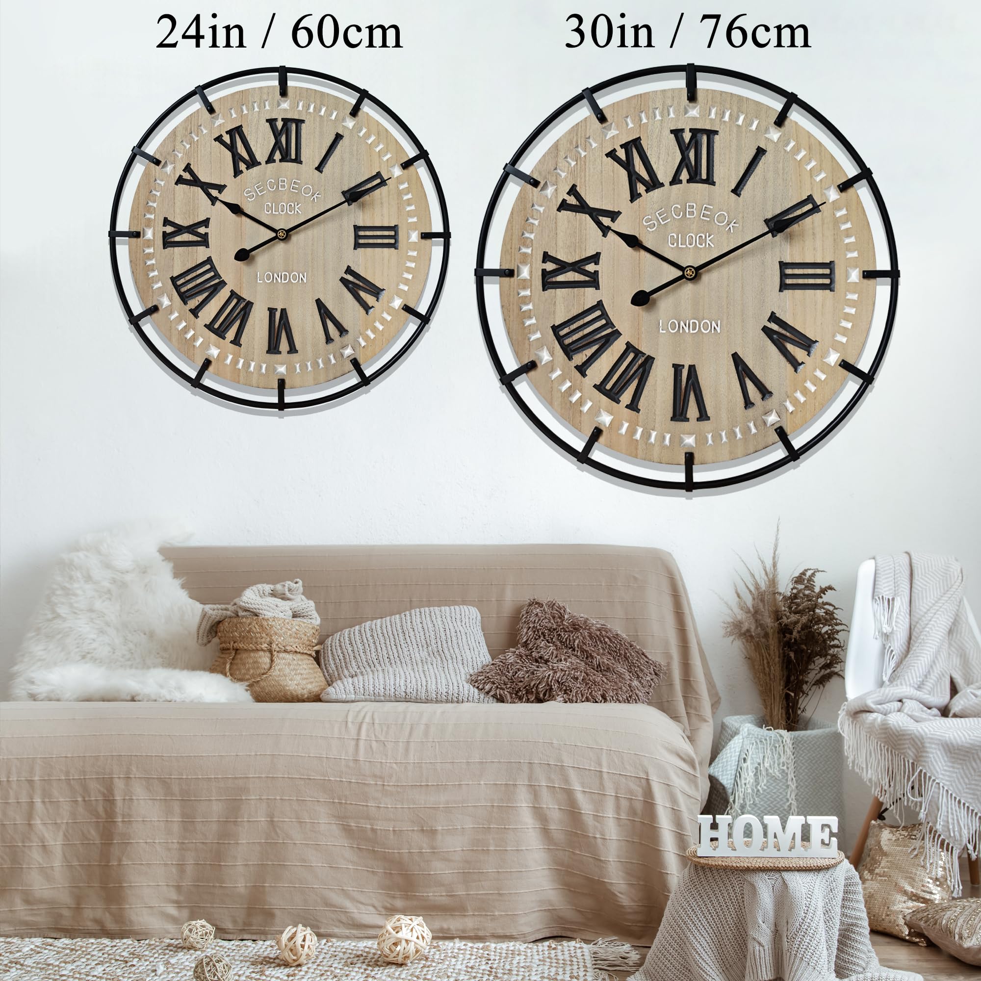 Reloj de pared grande de 24 pulgadas, madera rústica de metal con movimiento de cuarzo silencioso, números romanos fáciles de leer, reloj de pared redondo decorativo alimentado por pilas para