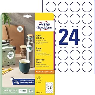 AVERY Zweckform Runde Etiketten L3415-10 (240 Aufkleber auf 10 Blatt, zum Bedrucken, selbstklebend, Ø 40 mm, A4, Klebepunkte zum Kennzeichnen von Unterlagen, Produkten) weiß