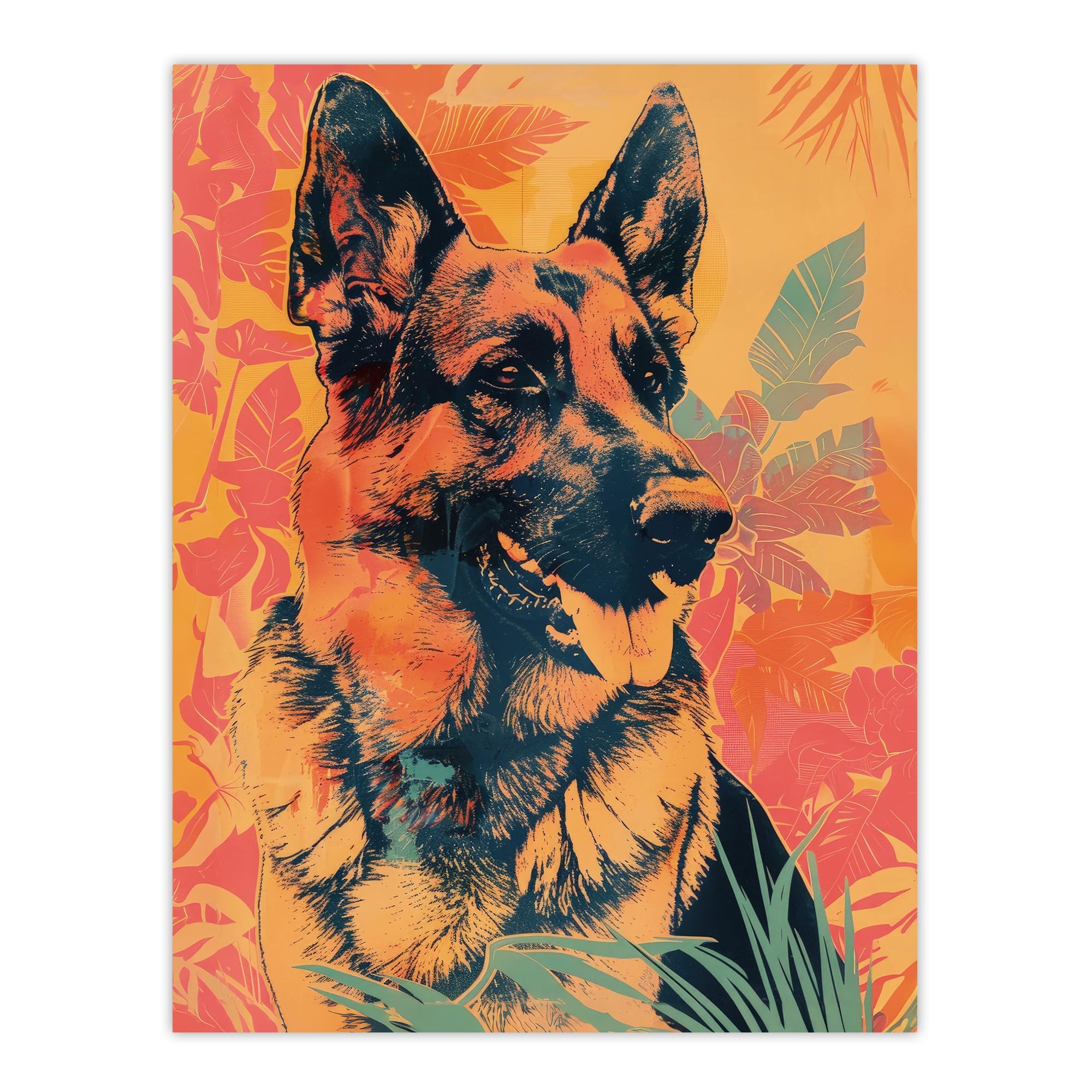 German Shepherd Colourful Botanical Pet Portrait Poster - Artery8 - W24 inch x H32 inch