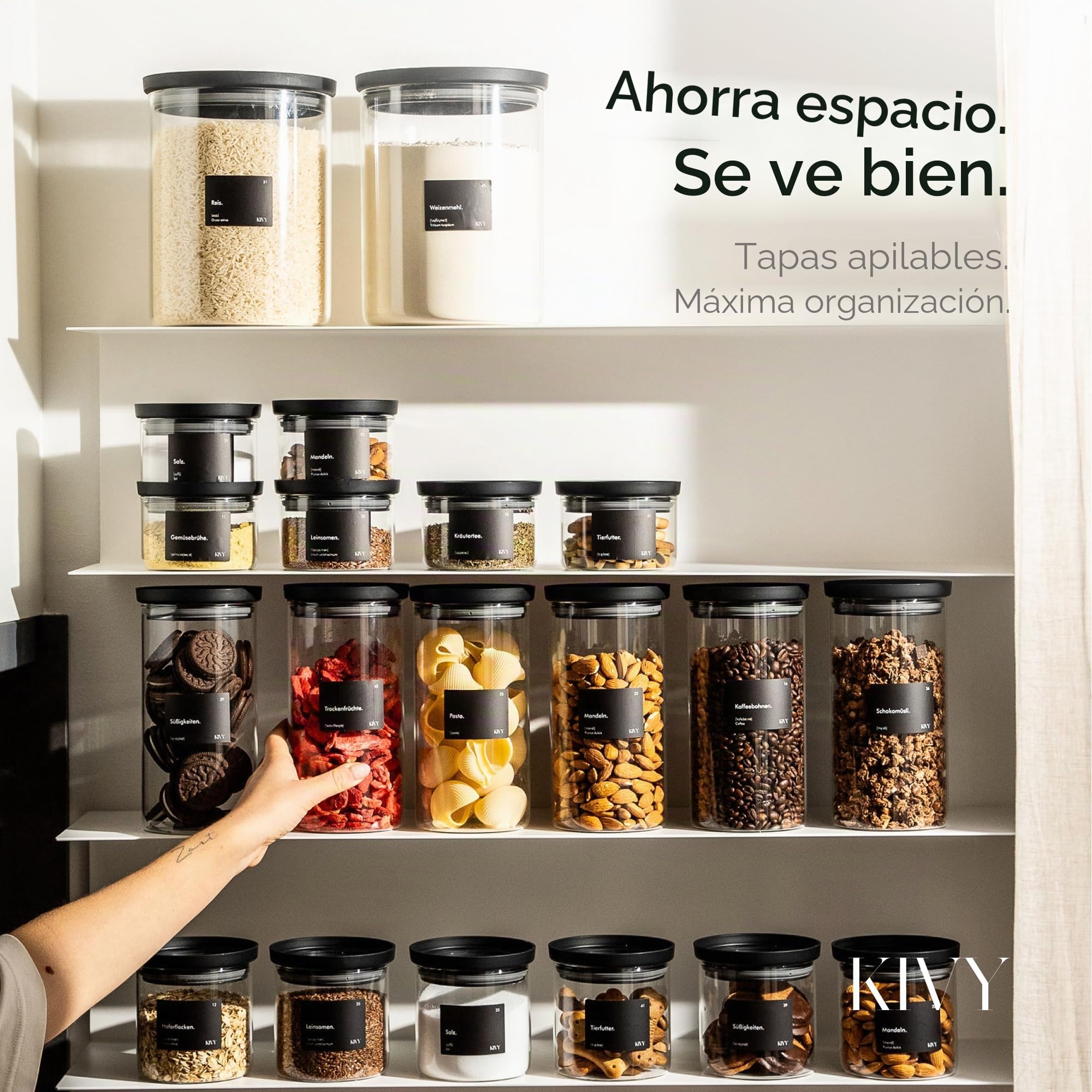 KIVY Tarros de almacenamiento de vidrio con tapa de vidrio transparente (4 * 17 onzas) - Diseño apilable - Apto para lavavajillas