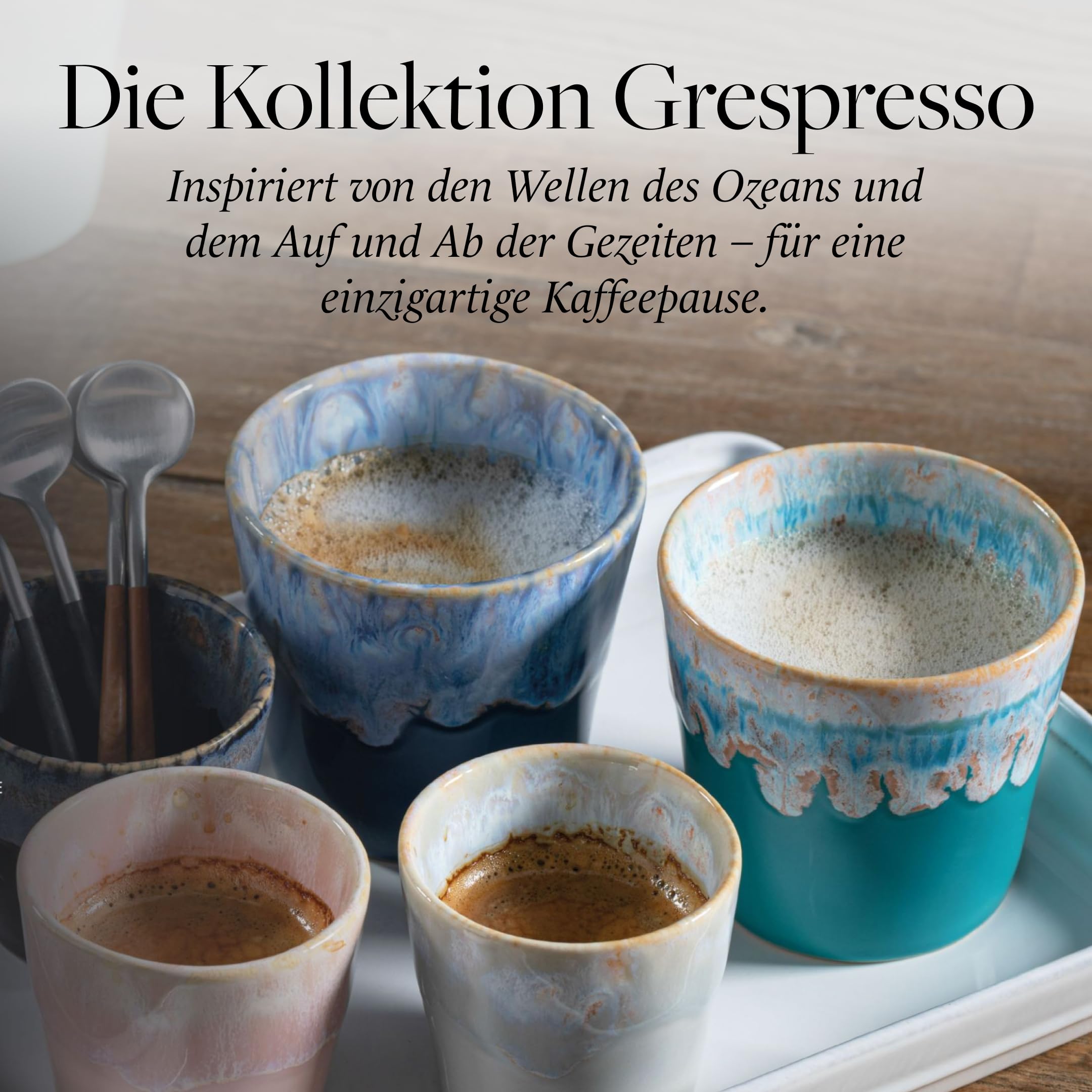 Costa Nova Geschenkset Grespresso: 8 Steinzeug-Tassen mit reaktiver Glasur, Handveredelt in Portugal, Stapelbare Lungo Becher in edler Holzbox, Spülmaschinenfest, Mehrfarbig, ⌀ 8 cm