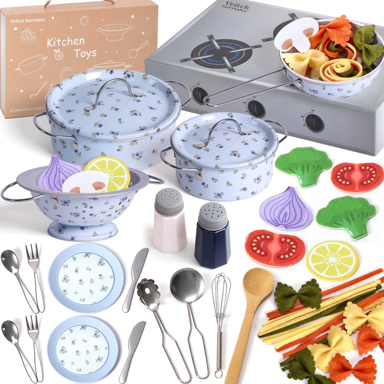 Veitch fairytales Matschküche Zubehör Outdoor Kinderküche Geschirr Set mit Spieltöpfen | Zubehör für Spielküche, Kindergeschirr & Küchenspielzeug | Kinder Küchenzubehör für Matschküchen (Blau)