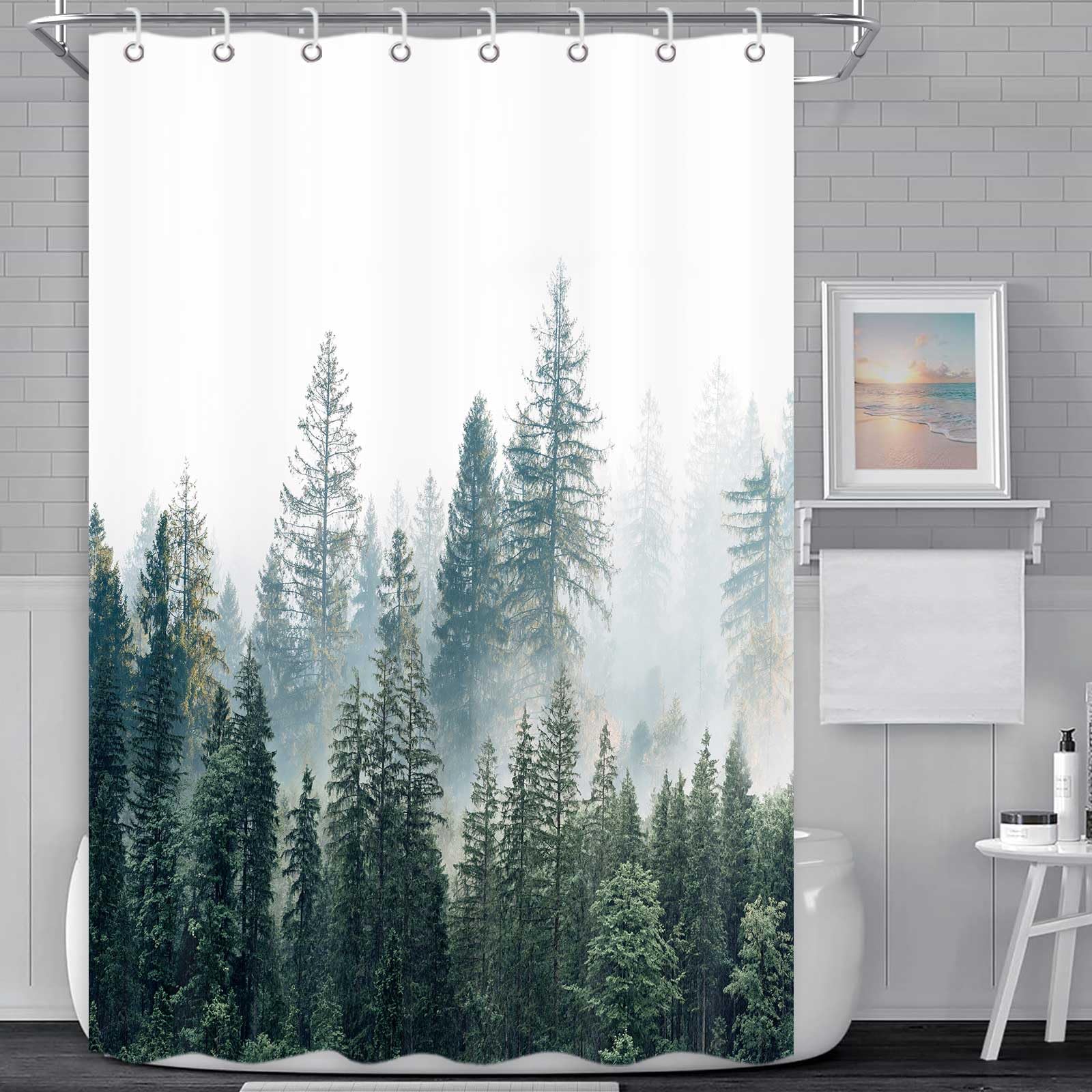 ICTEISOM RV Shower Curtain Nature Forest Mountain Camper Shower Curtains for Travel Trailer Bathroom Woodland Tree Camping Bath Accessories Set with