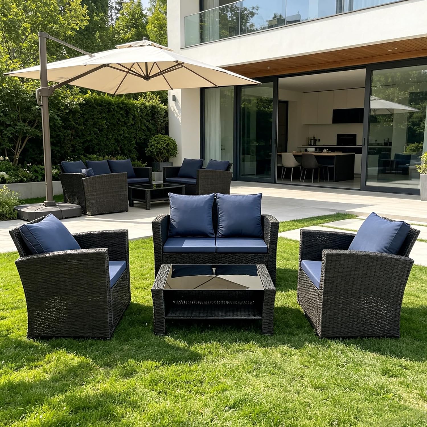 4 Piece Patio Furniture Set,Wicker Outdoor Sectional Set,Patio Conversation Sets with Tempered Glass Coffee Table for Garden, Porch, Balconies(Black-Blue)