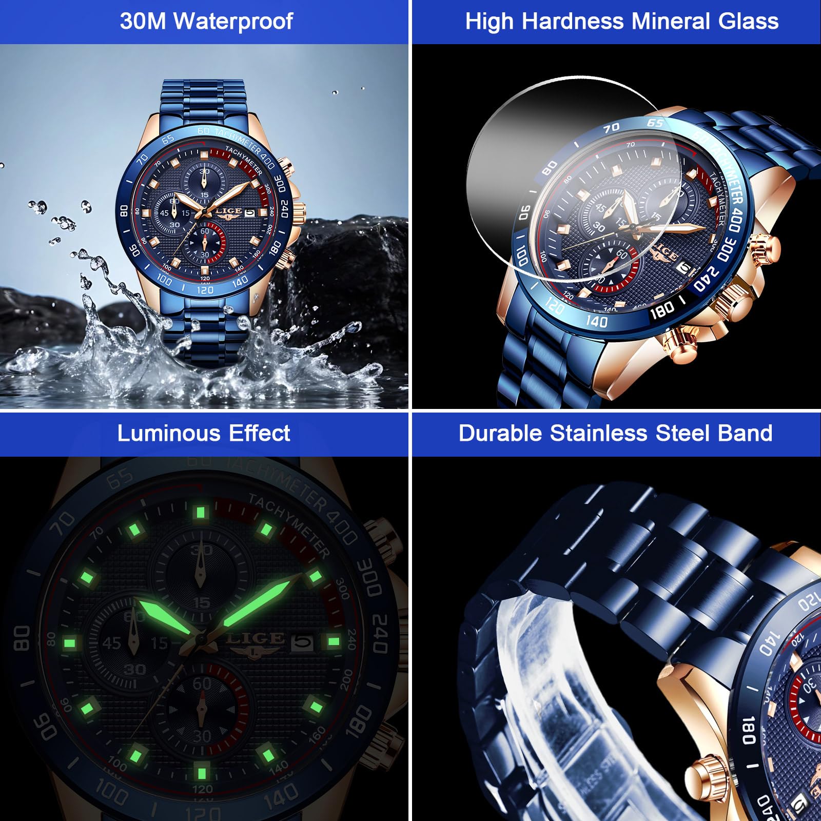 LIGE Montre Homme Chronographe Sport Étanche Acier Inoxydable d'affaires Mouvement Analogique à Quartz Montres Bracelet pour Homme