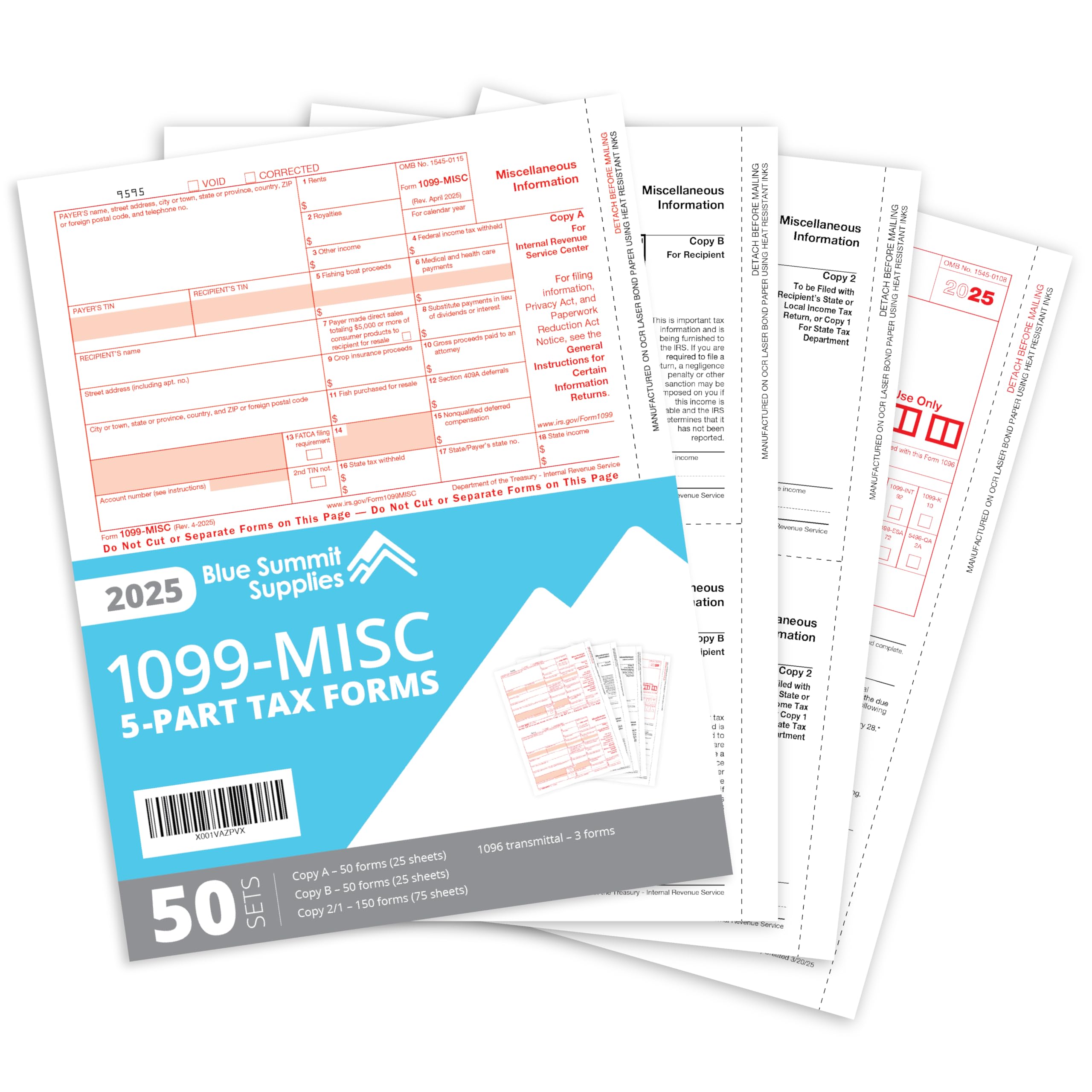 1099 MISC Forms 2025, 5 Part Tax Forms Kit, 50 Vendor Kit of Laser Forms, Compatible with QuickBooks and Accounting Software