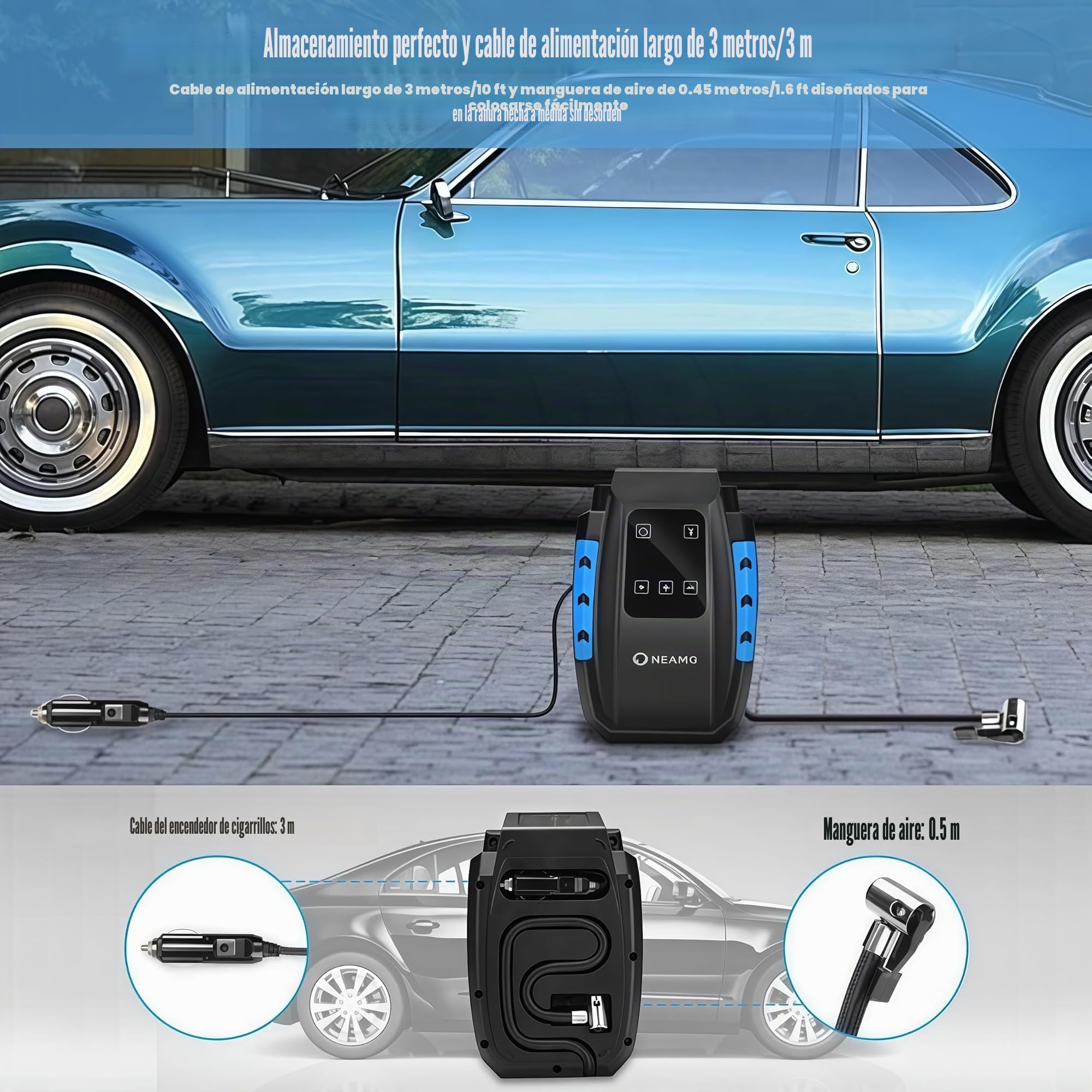 Compresor de Aire Eléctrico Portátil Alimentado con Manómetro 12V con LED Luces de Emergencia para Hinchar Neumático de Moto Coche y Bicicleta (Negro)
