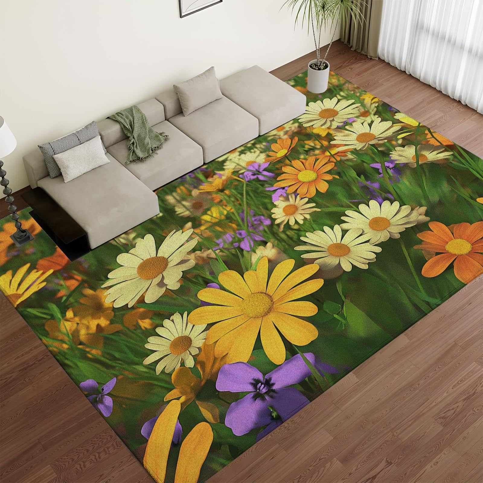 Tapis de sol antidérapant et lavable grand tapis de salon doux marguerite