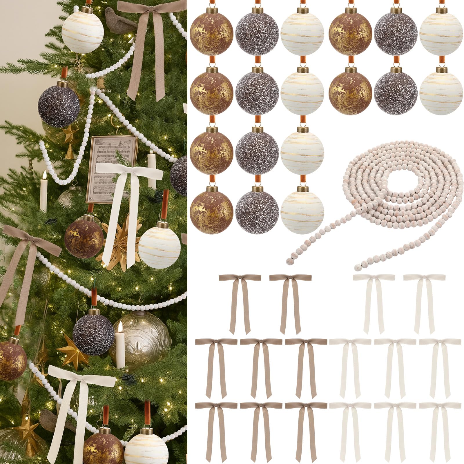 Kit décorations pour sapin de Noël avec boules cuivre et guirlande de perles