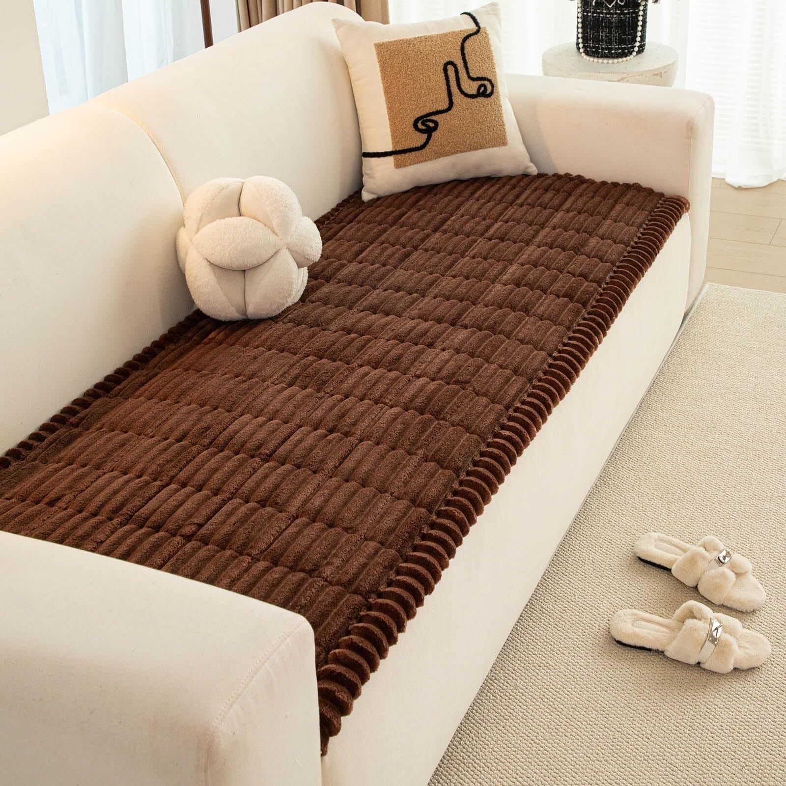 RAKKYOFD Soft Corduroy Sectional Sofa Cover 1 Piece Striped Couch Cover Super Washable Non Slip Sofa Slipcover Furniture Protector for Kid Dog Pet,(Brown,27"x27")