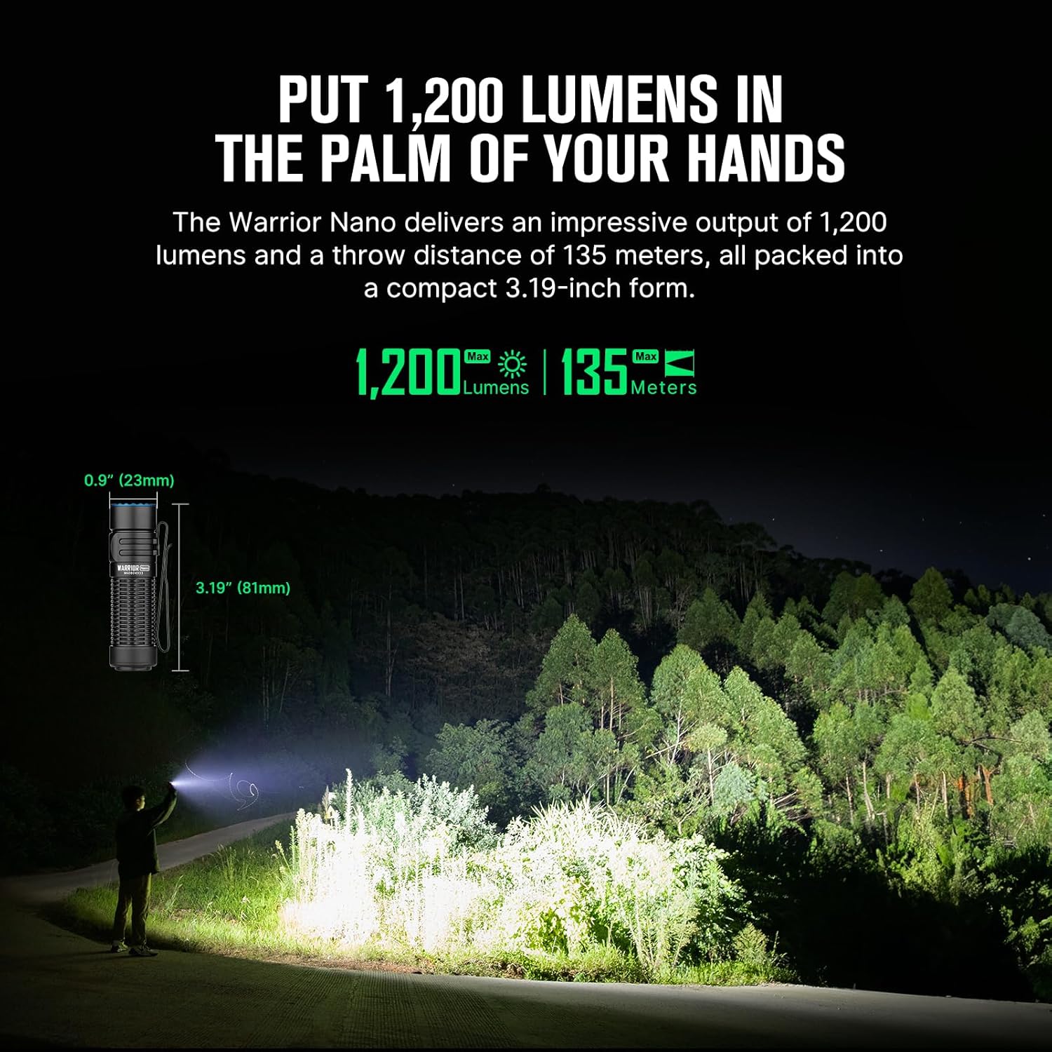 Diagram showing the dimensions of the OLIGHT Warrior Nano flashlight