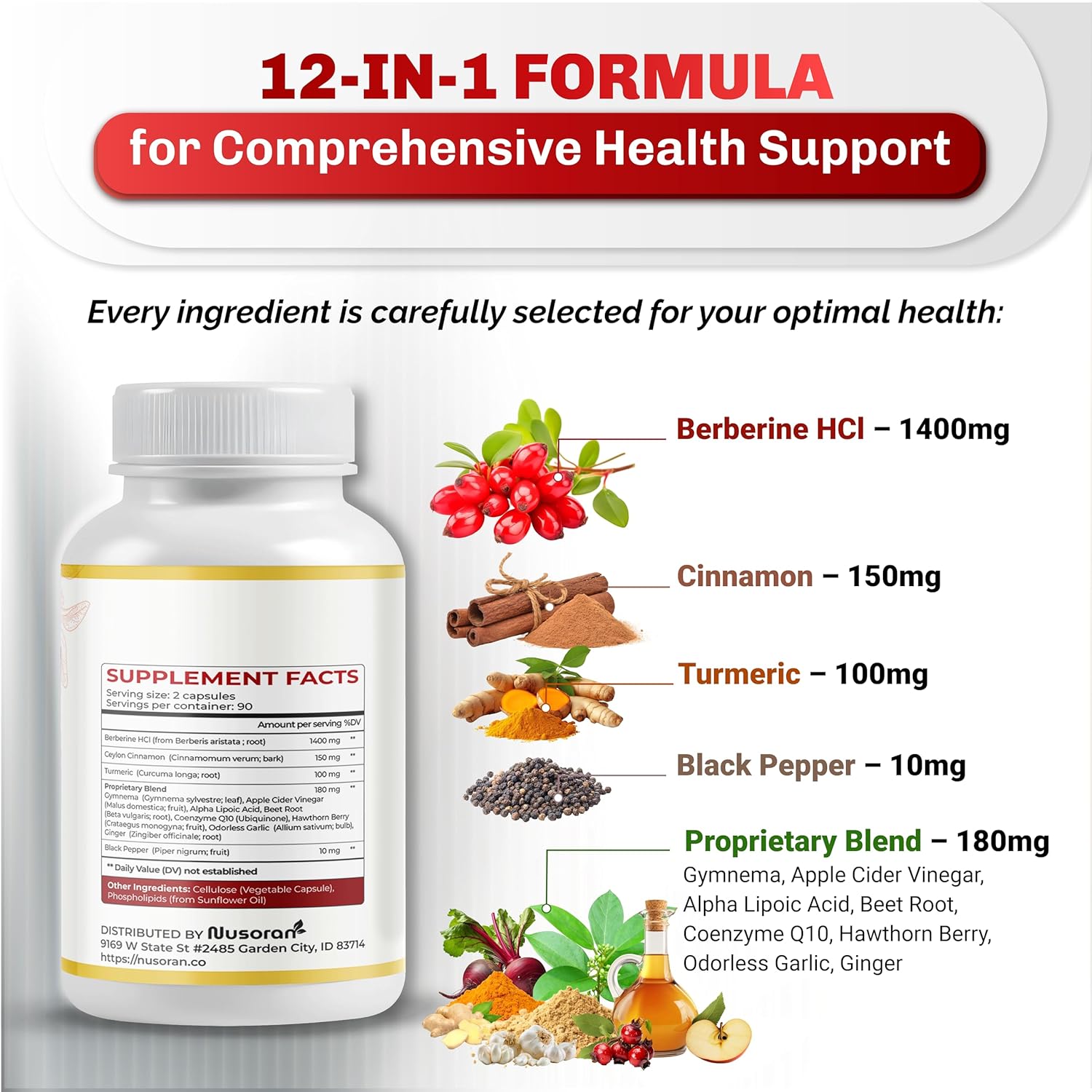 Ultra Berberine 1840 mg - 12-in-1 with Cinnamon, Turmeric, CoQ10, ALA, Gymnema, Bitter Melon - Max Absorption - 180 Capsules - Non-GMO, Gluten-Free, Lab Tested - Image 3