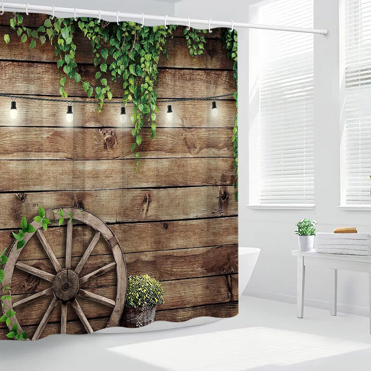 Rustic Wooden Planks Shower Curtains Green Leaf Plant Vine Wooden