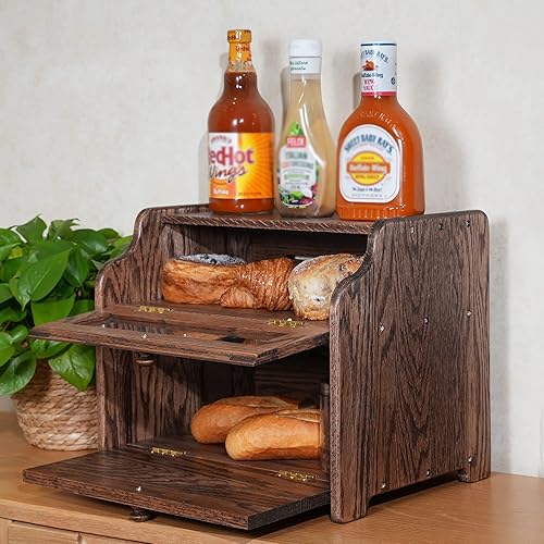 Miniatura 9 de CONSDAN Panera de madera maciza de roble para encimera de cocina, contenedor de pan de doble capa para almacenamiento de pan, caja de pan de gran
