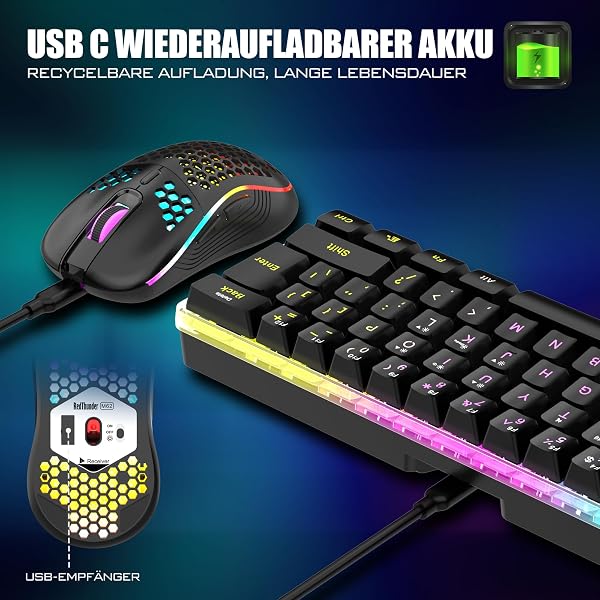RedThunder 60% Kabelloses RGB Gaming Tastatur und Maus Set, QWERTZ DE Layout, Wiederaufladbare Funktastatur mit Ultraleichte Gaming Maus mit Wabenkonstruktion, für PC MAC PS5 Xbox Gamer, Büro. - 3