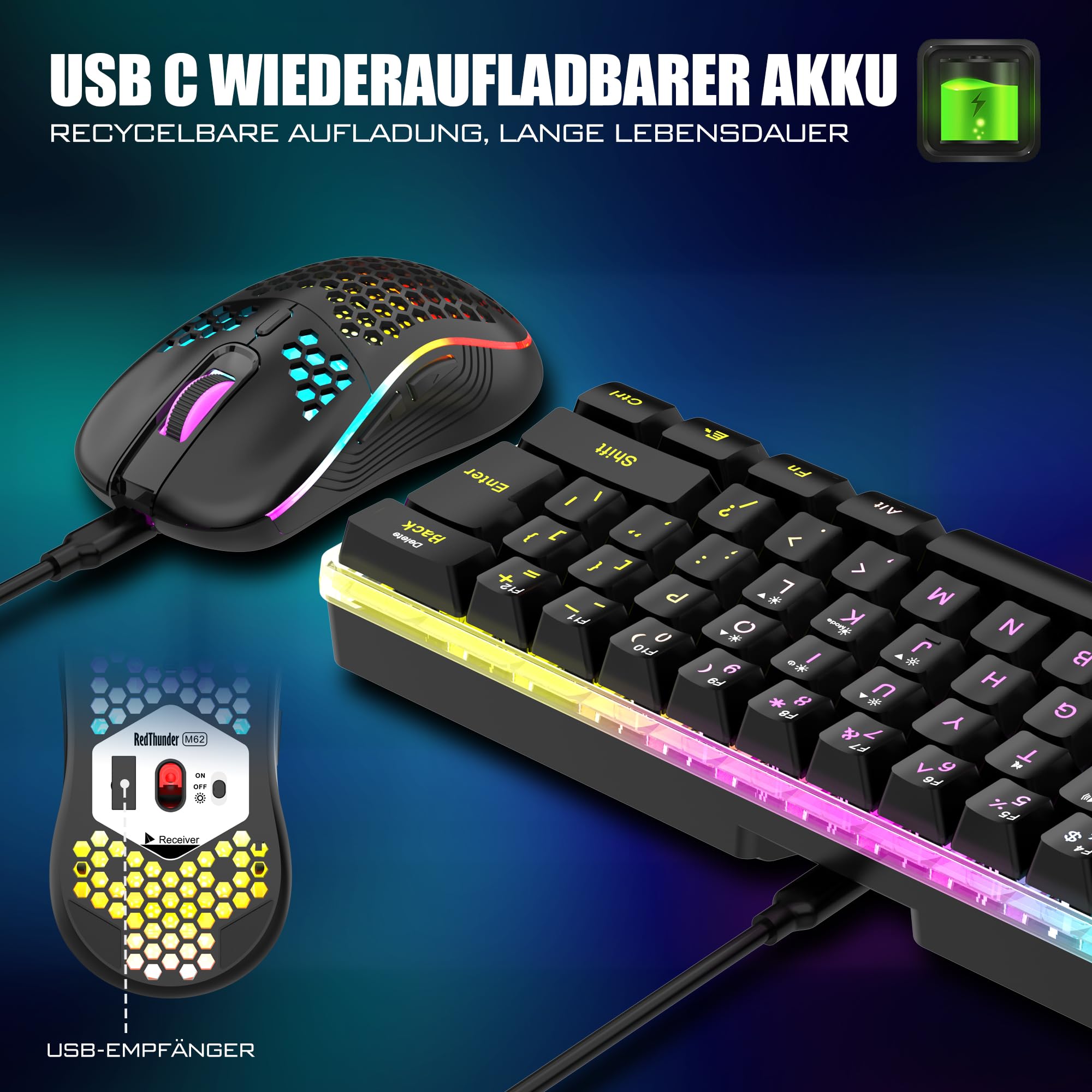 RedThunder 60% Wireless Gaming Tastiera e Mouse Set QWERTZ DE Layout, Tastiera wireless ricaricabile con mouse da gioco ultraleggero con struttura a nido d'ape, per PC MAC PS5 Xbox Gamer, ufficio.